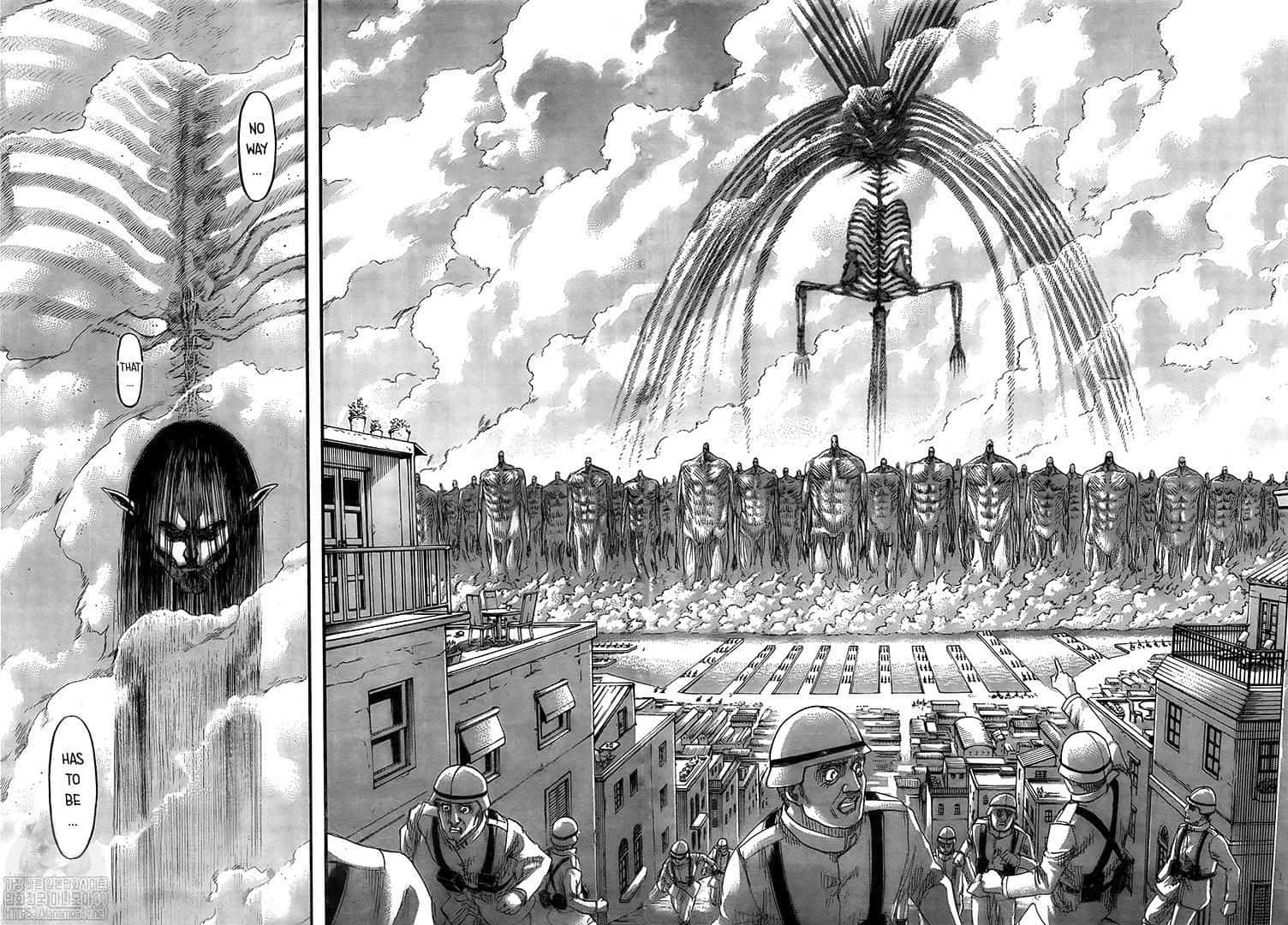 Founding Titan 桌布 壁紙 — 漫畫格中顯示士兵在下，而巨大的巨人籠罩著城市，一個巨大的骷髏從雲層中降下。