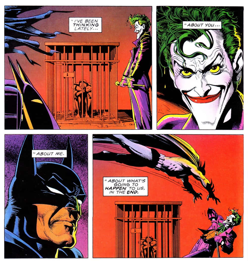 The Killing Joke 桌布 壁紙 — 漫畫格中顯示小丑以陰險的笑容嘲弄蝙蝠俠，而蝙蝠俠在監獄牢房中與他對峙。