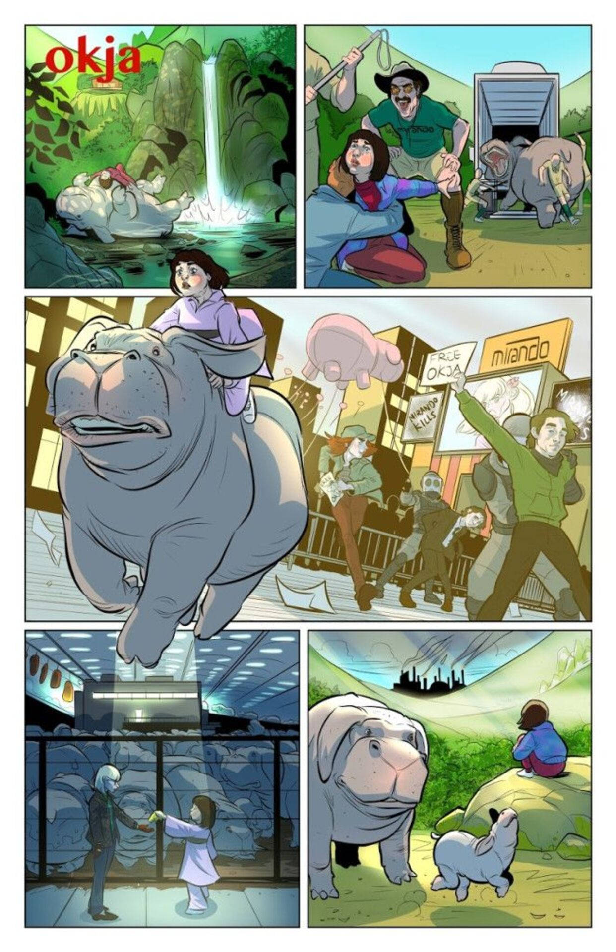 okja 桌布 壁紙 — 漫畫格描繪巨型豬在自然和城市環境中，人類在各種場景中互動。