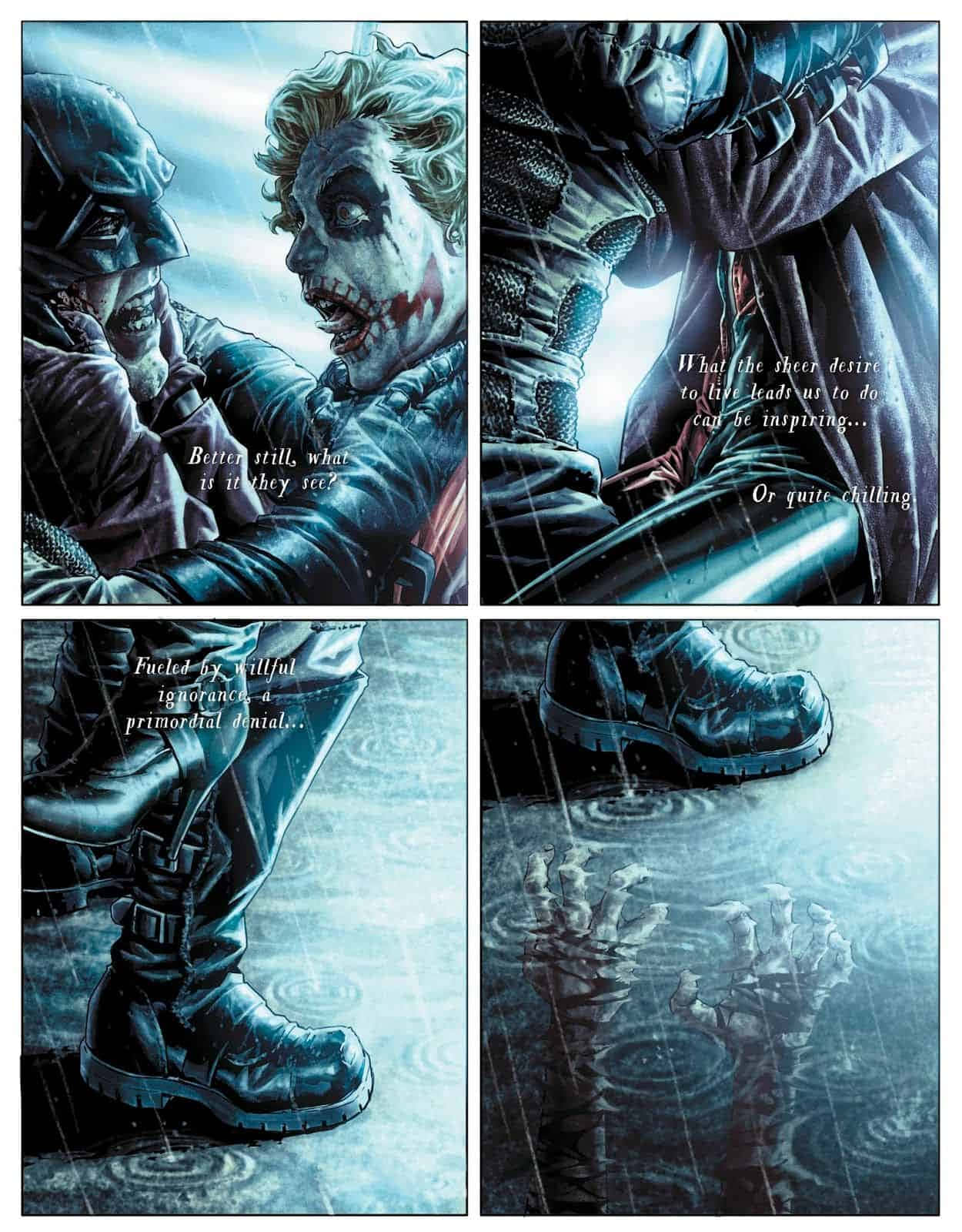 Batman Damned 桌布 壁紙 — 漫畫格描繪蝙蝠俠在雨中對抗小丑，帶有文字疊加和一隻靴子踩進倒映著手的水坑。