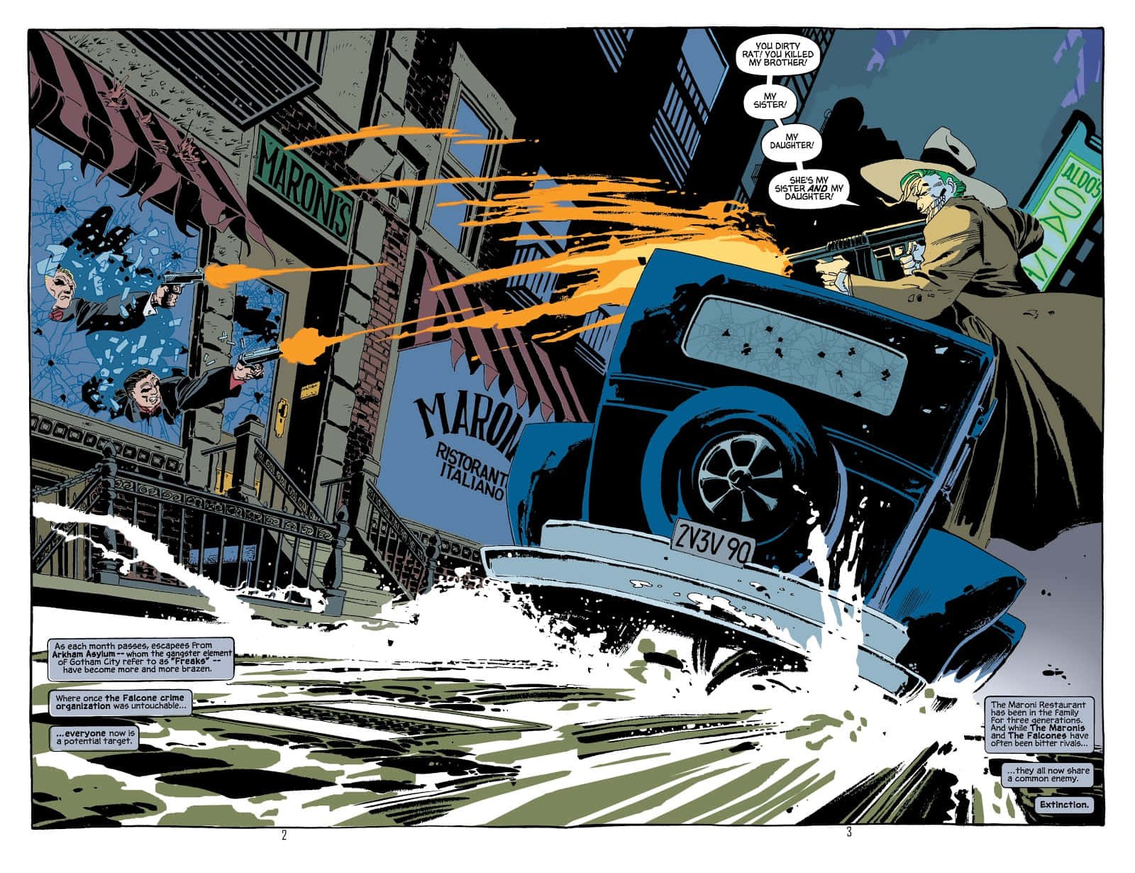 Batman Dark Victory 桌布 壁紙 — 漫畫格顯示一輛藍色汽車在雨天城市街道上翻滾，而一名槍手從餐廳上方的屋頂開火。