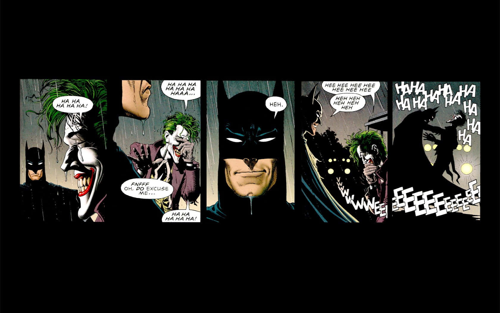 The Joker Comic 桌布 壁紙 — 漫畫格顯示小丑狂笑，而蝙蝠俠在雨中的城市環境中陰沉地凝視。