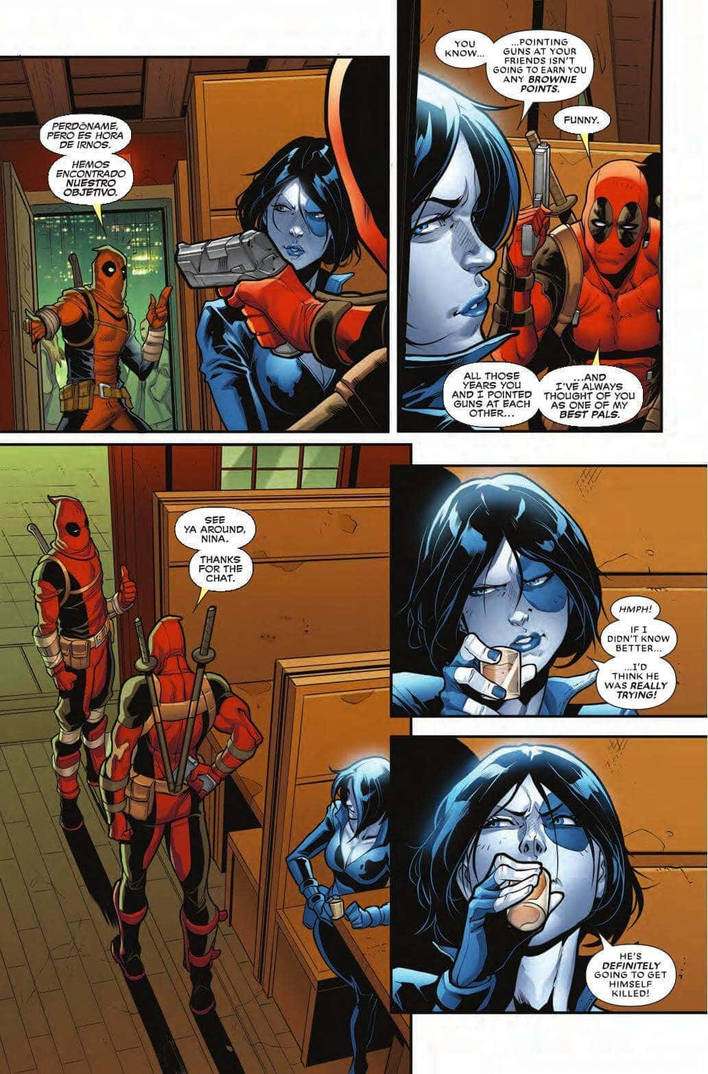 Deadpool And Domino 桌布 壁紙 — 漫畫格顯示死侍和一個藍皮膚的女人在木房間裡，帶有對話氣泡。