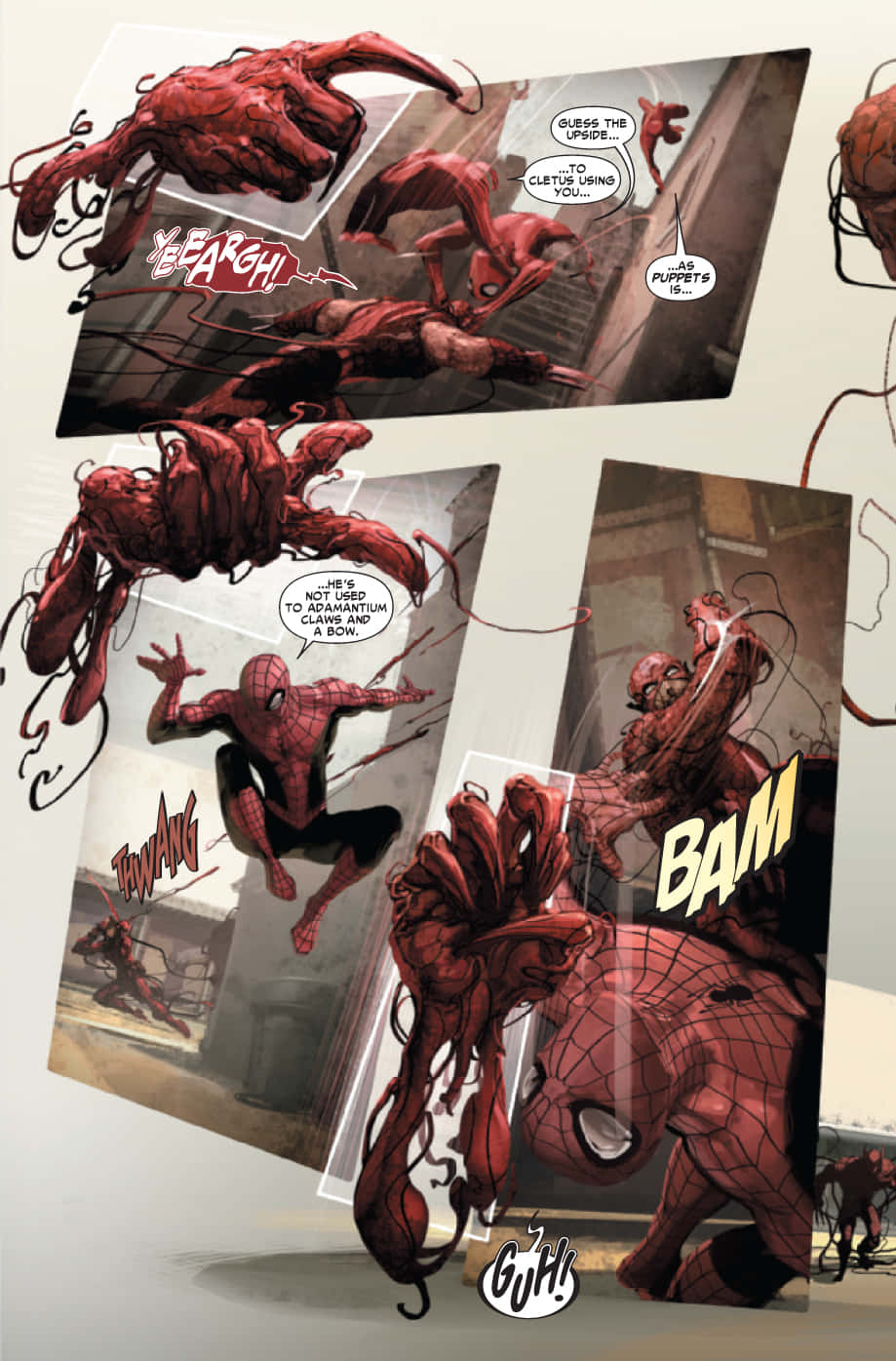 Carnage USA 桌布 壁紙 — 漫畫格顯示蜘蛛人與紅色共生體生物戰鬥，伴有爆炸性動作和音效。