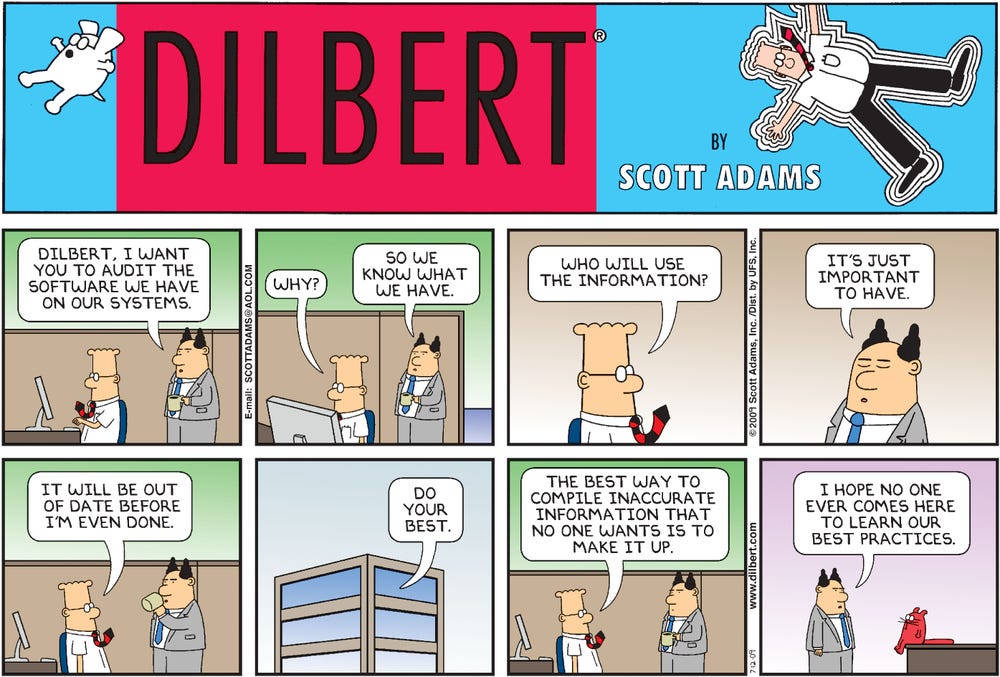 Comics 桌布 壁紙 — 漫畫條顯示Dilbert被指派審計軟體，而他的老闆優先考慮擁有數據而非實用性。
