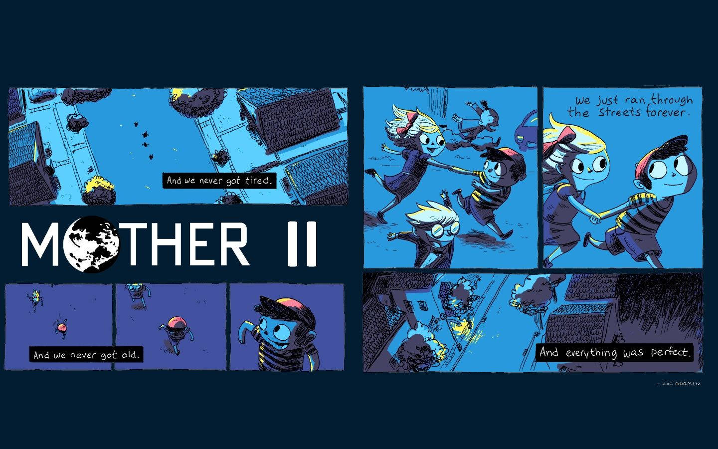 Earthbound 桌布 壁紙 — 漫畫面板描繪了風格化的藍色調角色在屋頂和街道上奔跑，帶有懷舊的文字疊加。