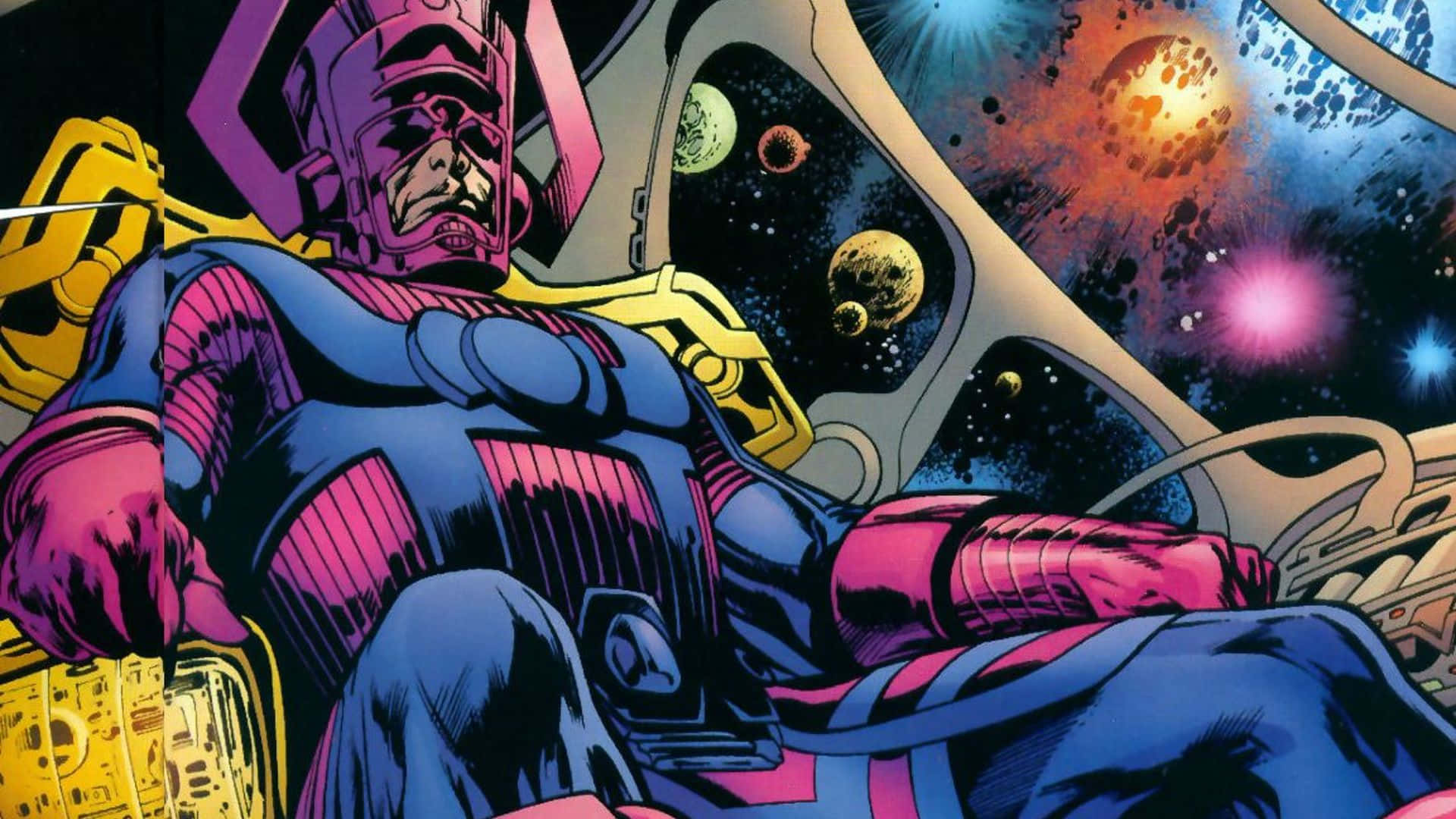 Galactus 桌布 壁紙 — 漫畫風格描繪一個肌肉發達、身穿紫色和藍色盔甲的人物坐在太空船駕駛艙內，俯瞰著充滿行星和恆星的 vibrant 宇宙場景。