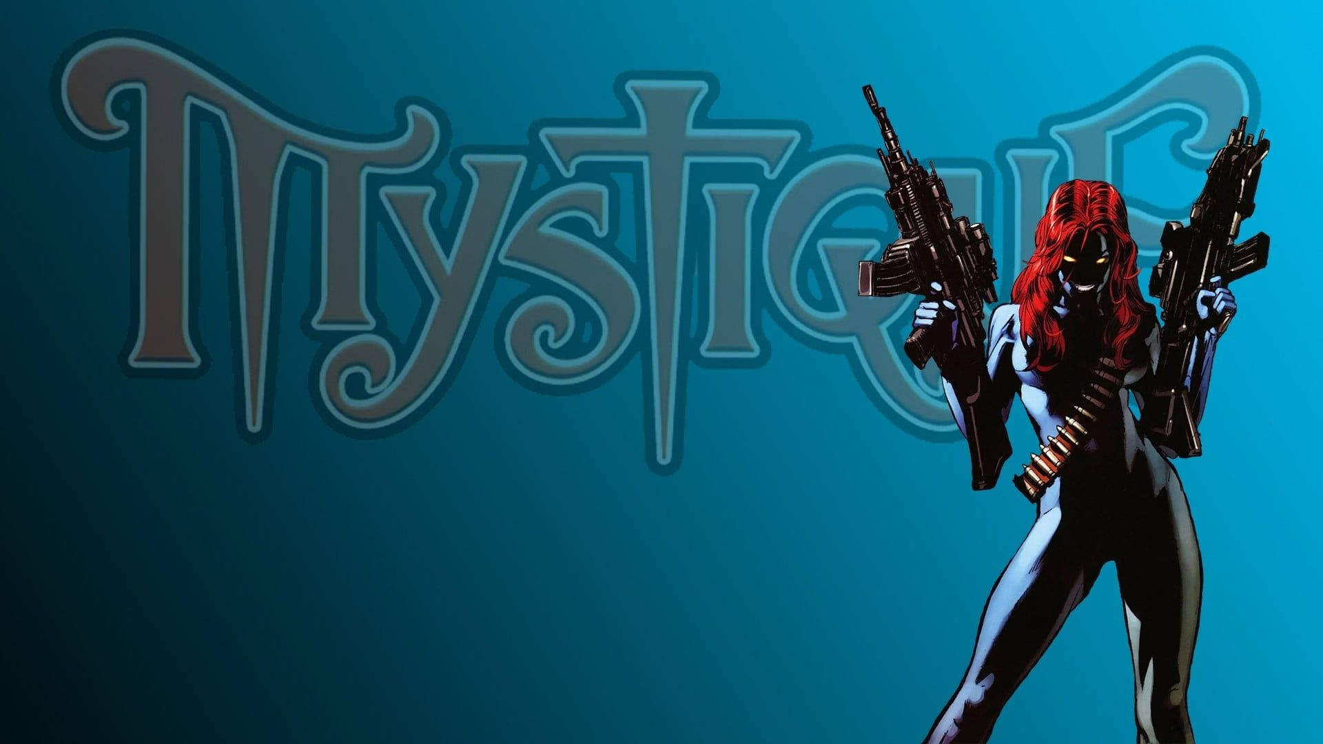 Mystique 桌布 壁紙 — 漫畫風格插圖，描繪魔形女手持兩支步槍，背景為青綠色，並以風格化字體顯示她的名字。
