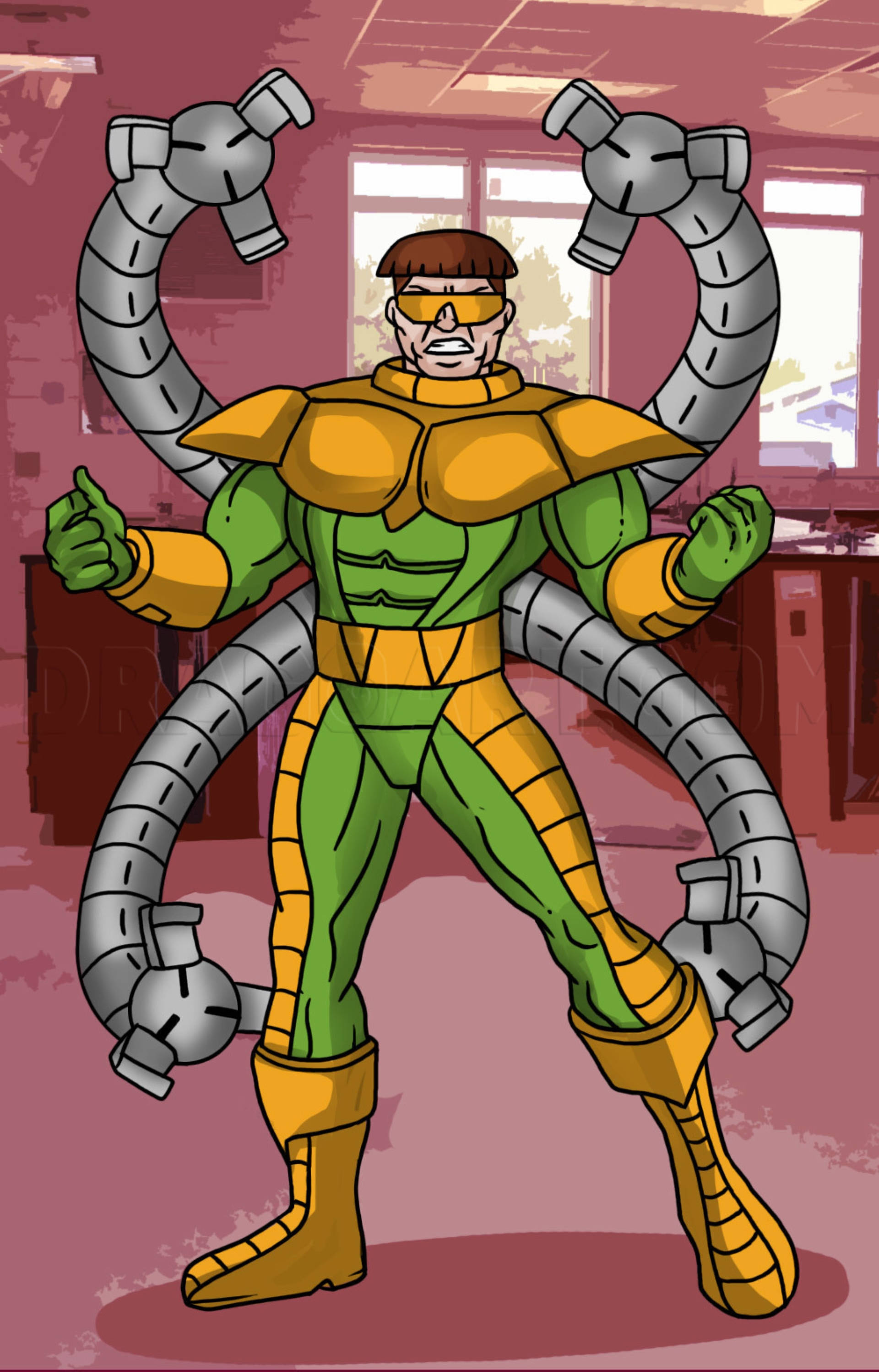 Doctor Octopus 桌布 壁紙 — 漫畫風格的八爪魚博士站在實驗室中，伸出四條機械臂的插圖。