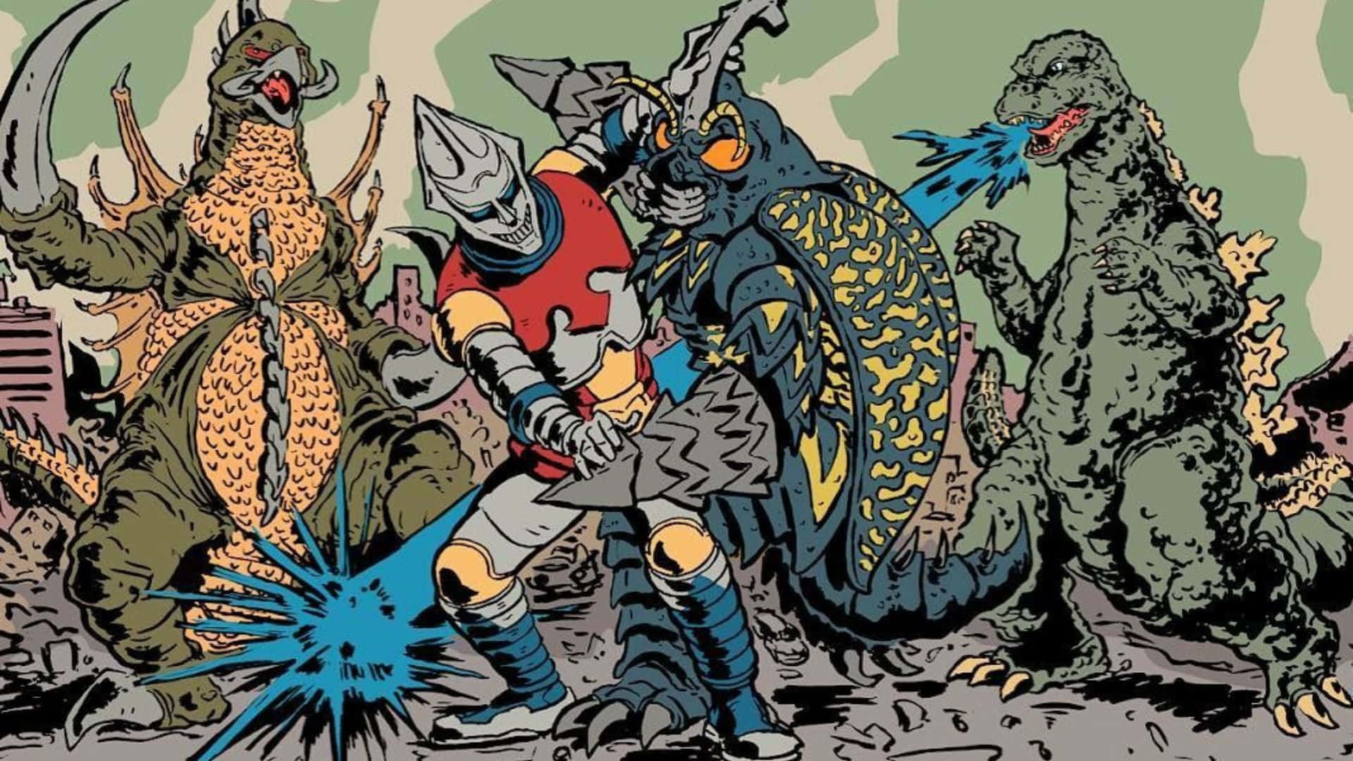 Godzilla Vs Megalon 桌布 壁紙 — 漫畫風格的插圖，描繪哥吉拉與另外三隻怪獸在廢墟城市中戰鬥。