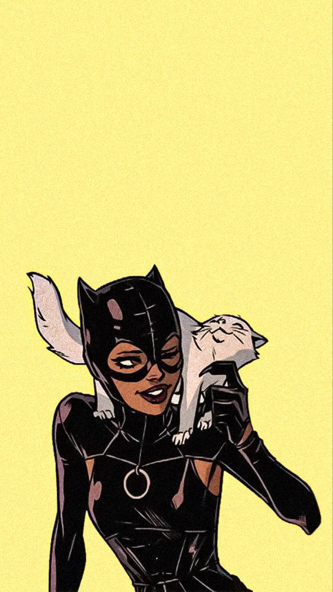 Catwoman 桌布 壁紙 — 漫畫風格的插圖，貓女抱著一隻白貓，背景為純黃色。