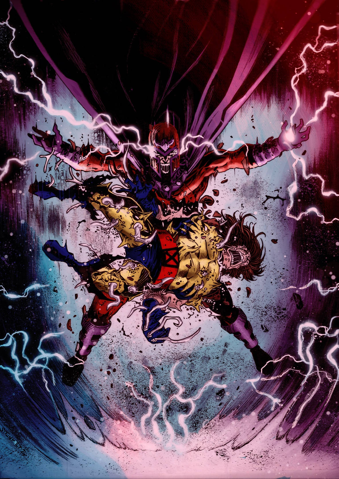 Magneto 桌布 壁紙 — 漫畫風格的超級英雄戰鬥場景，兩個人物在噼啪作響的紫色和藍色閃電中碰撞，背景是黑暗的宇宙。