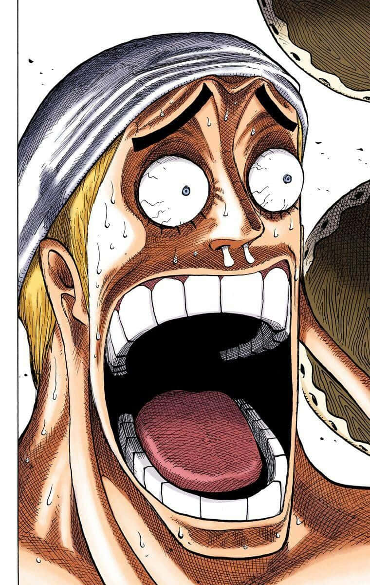 One Piece Enel 桌布 壁紙 — 漫畫風格的近距離特寫，一個男人睜大眼睛、汗水飛濺、露出牙齒，處於極度震驚或恐懼中尖叫。