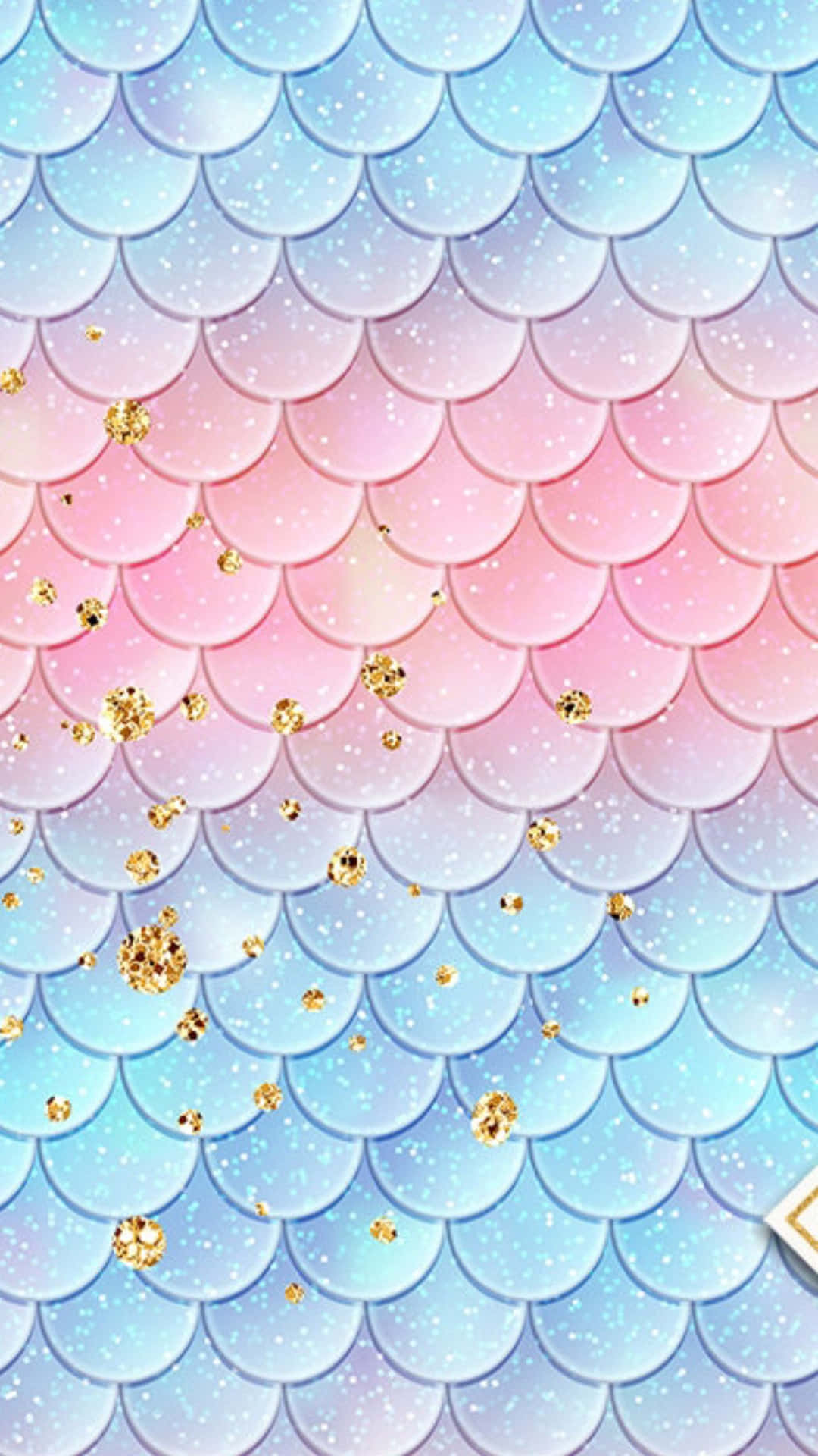 圖案 桌布 壁紙 — 漸層粉彩美人魚鱗片在夢幻水底背景上閃爍著金色亮粉和柔和光芒。