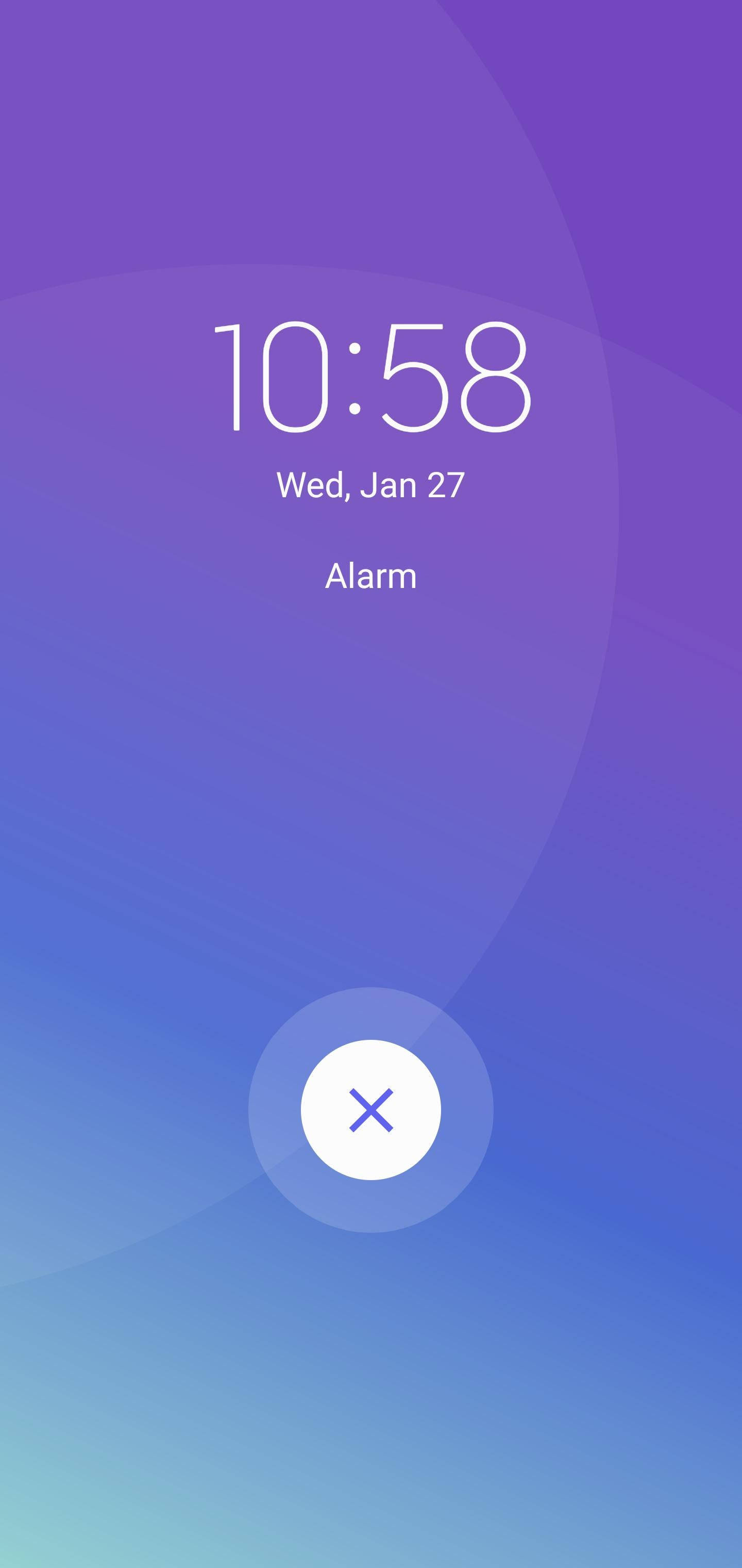 Phone Screen 桌布 壁紙 — 漸層紫藍色桌布顯示帶有時間日期和關閉按鈕的數位鬧鐘畫面。