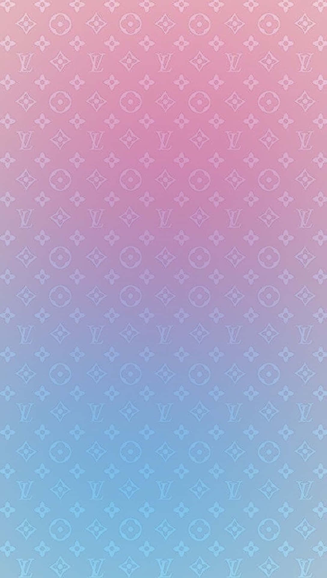 背景 桌布 壁紙 — 漸變桌布，帶有重複的 Louis Vuitton 字母組合圖案，從粉紅色漸變到藍色。