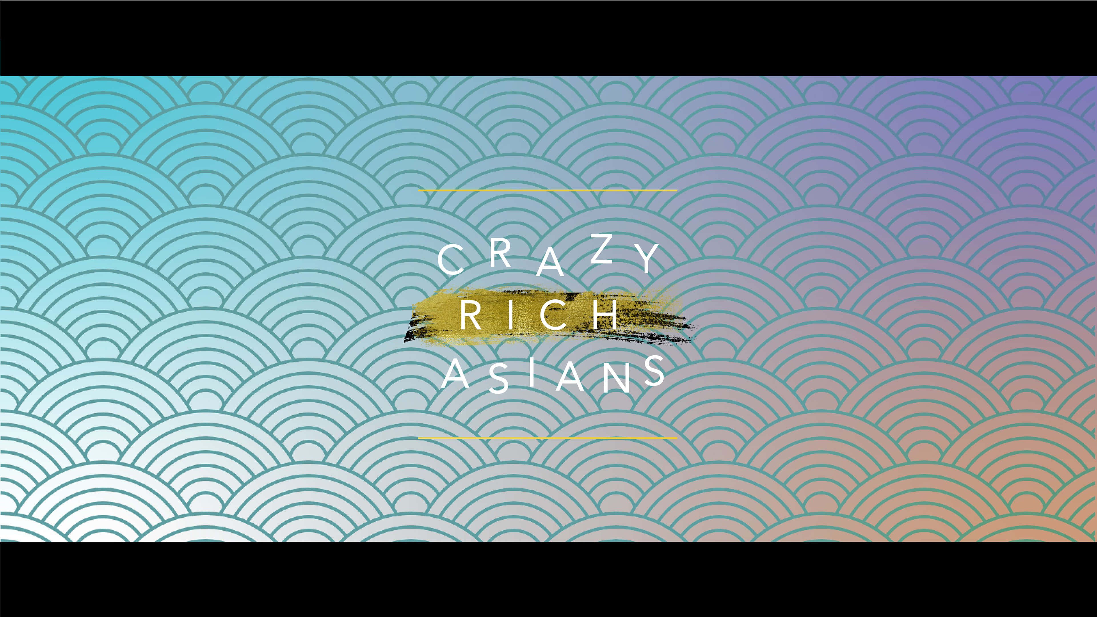 Crazy Rich Asians 桌布 壁紙 — 漸變波浪圖案背景，帶有白色和金色筆觸的「Crazy Rich Asians」文字。
