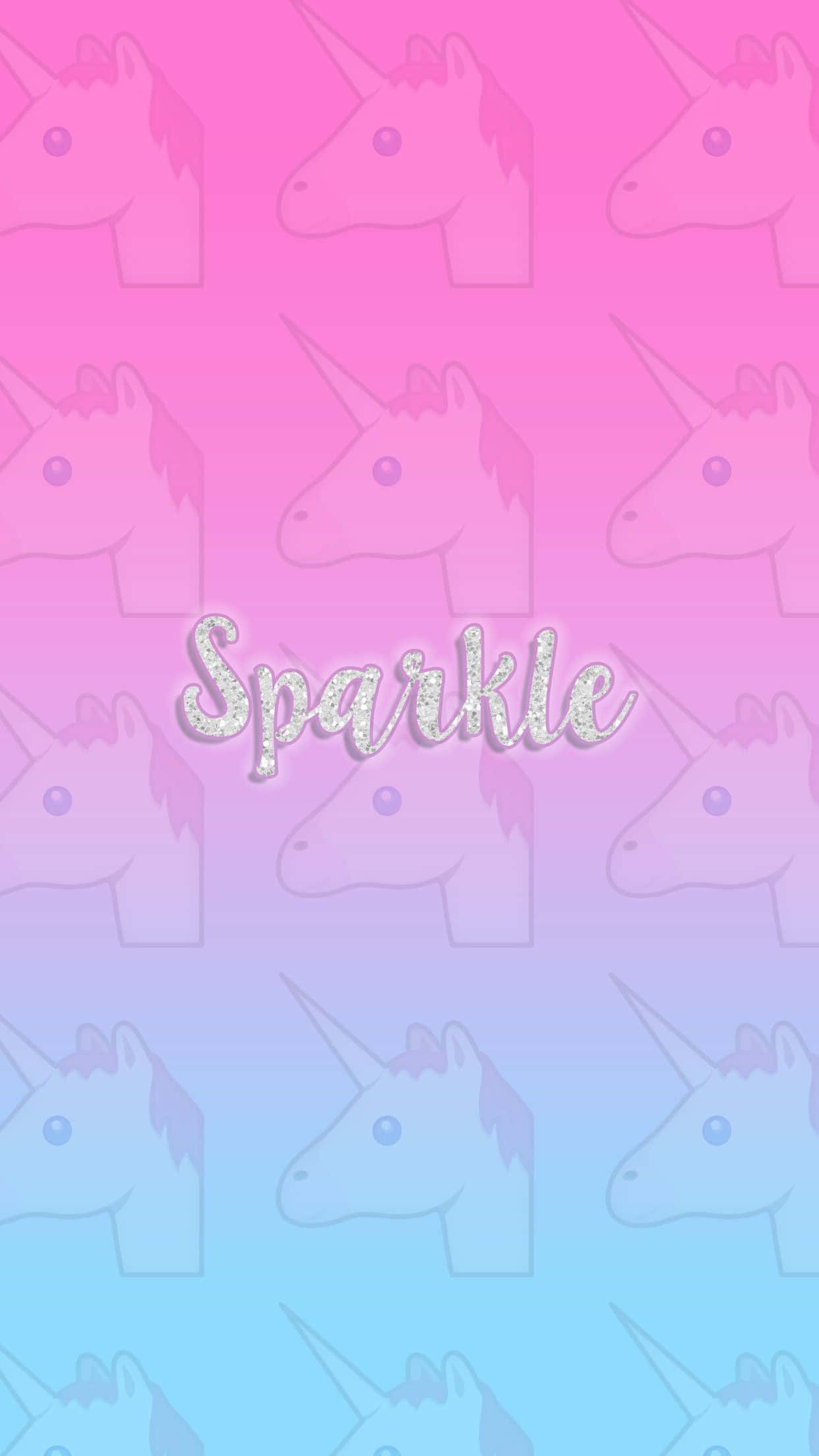 Kawaii Unicorn 桌布 壁紙 — 漸變粉紅到藍色壁紙，帶有重複的獨角獸頭剪影和閃閃發光的閃亮文字。