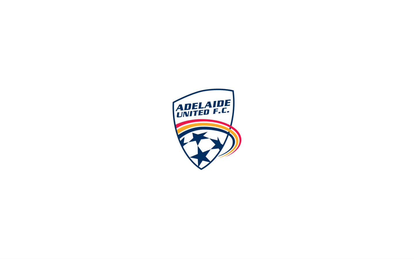 Adelaide United 桌布 壁紙 — 潔白背景上展示阿德萊德聯足球俱樂部標誌，帶有藍色星星和彩虹弧線，呈盾牌形狀。