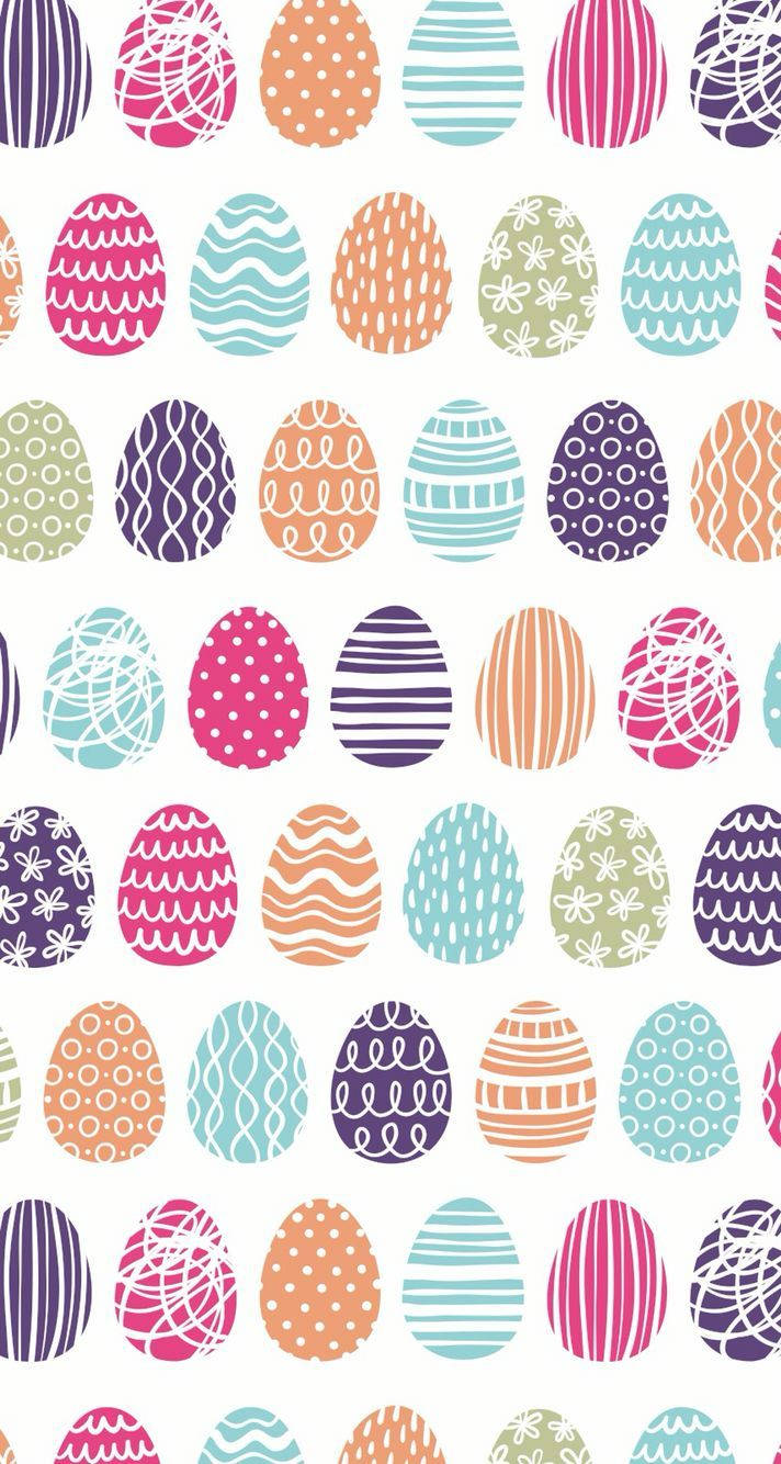 Cute Easter 桌布 壁紙 — 潔白背景上色彩繽紛的復活節蛋，帶有俏皮塗鴉設計的鮮豔圖案。