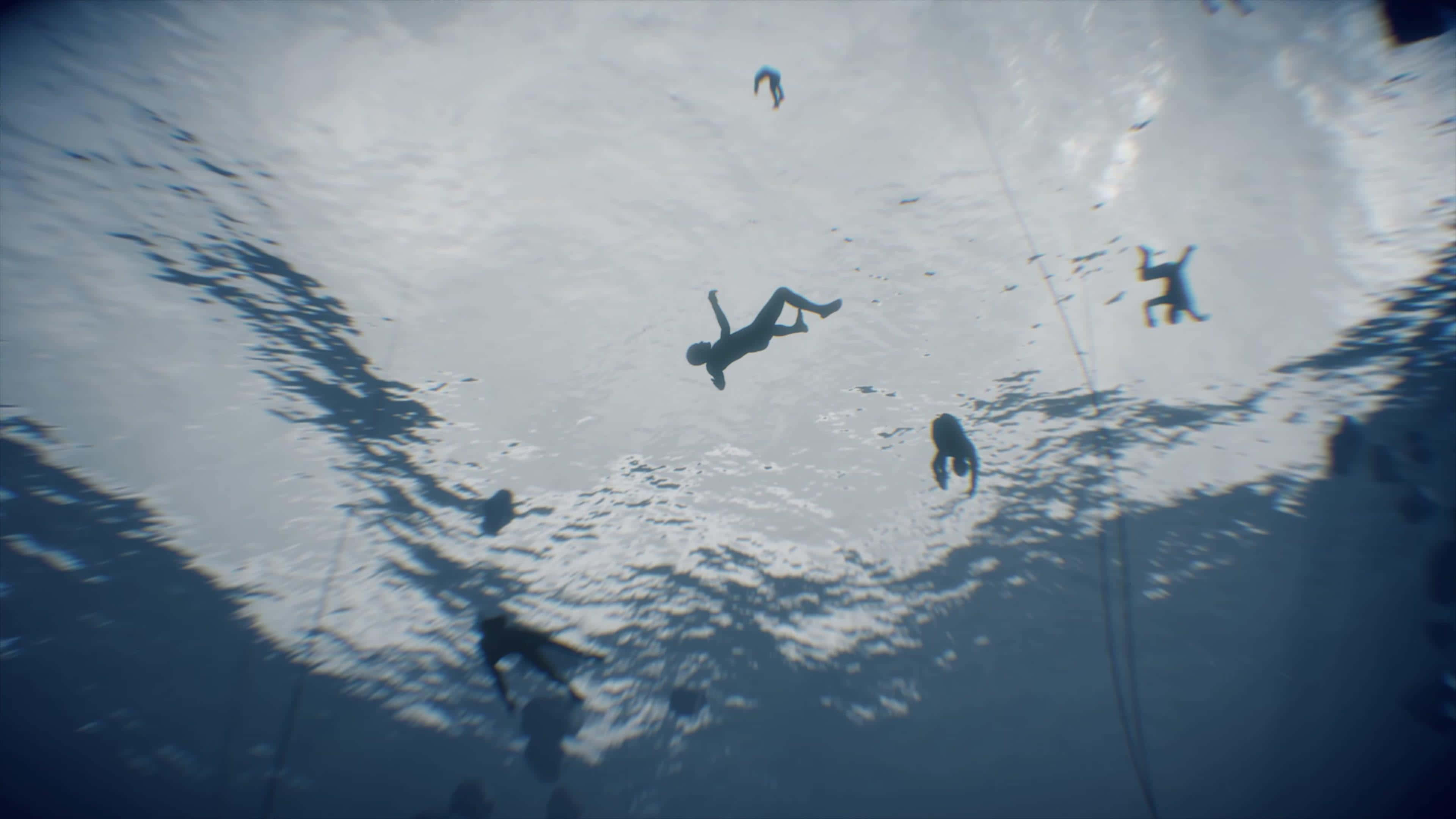 Death Stranding Pc 桌布 壁紙 — 潛水員的剪影在漣漪的水面下失重漂浮，下方投射出斑駁的陰影。