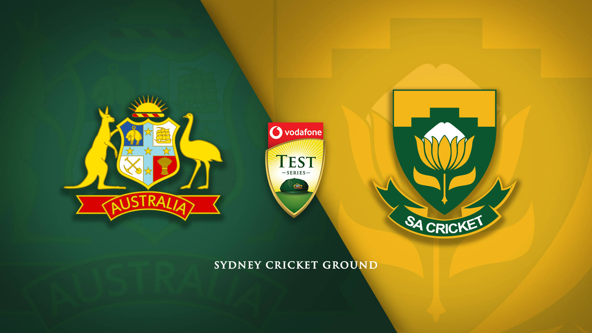 south africa cricket 桌布 壁紙 — 澳洲和南非板球隊標誌在綠色和金色分割背景上對峙，並帶有雪梨板球場文字。