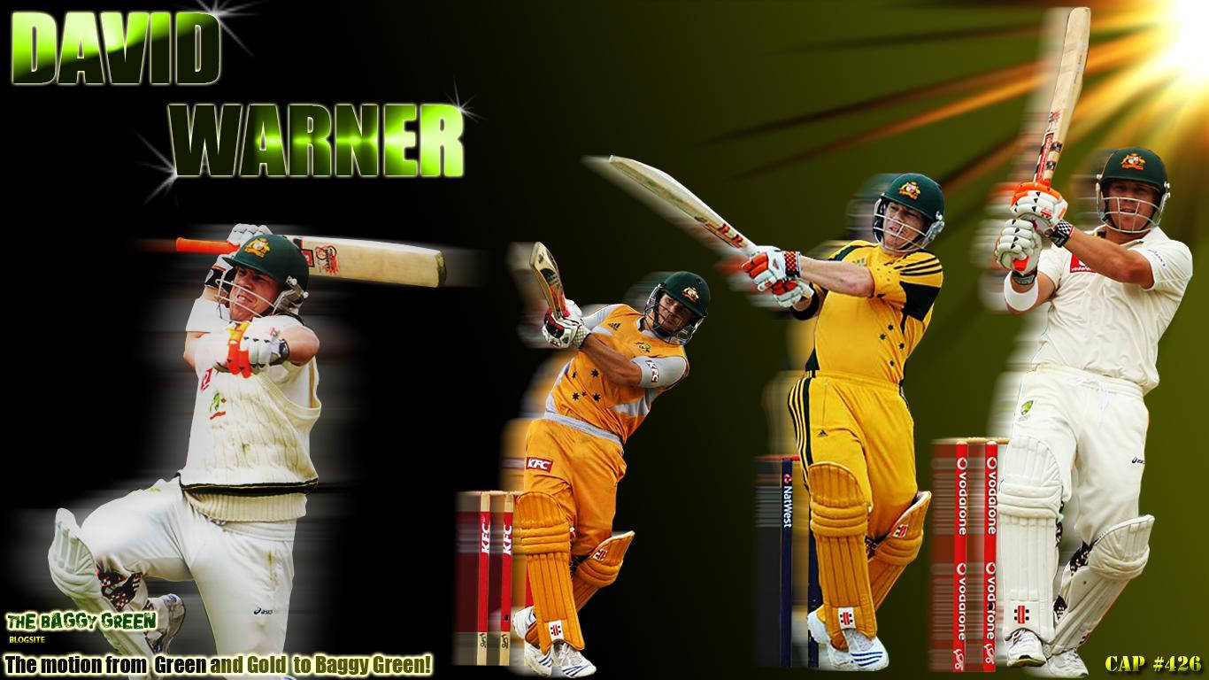Warner 桌布 壁紙 — 澳洲板球手大衛·沃納動態拼貼畫，身穿綠色、金色和白色隊服，在發光漸變背景上擺出動作姿勢。