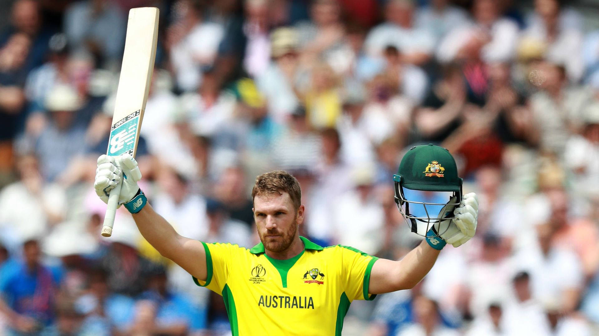 Aaron Finch 桌布 壁紙 — 澳洲板球運動員在歡呼的人群面前高舉球棒和頭盔慶祝勝利。