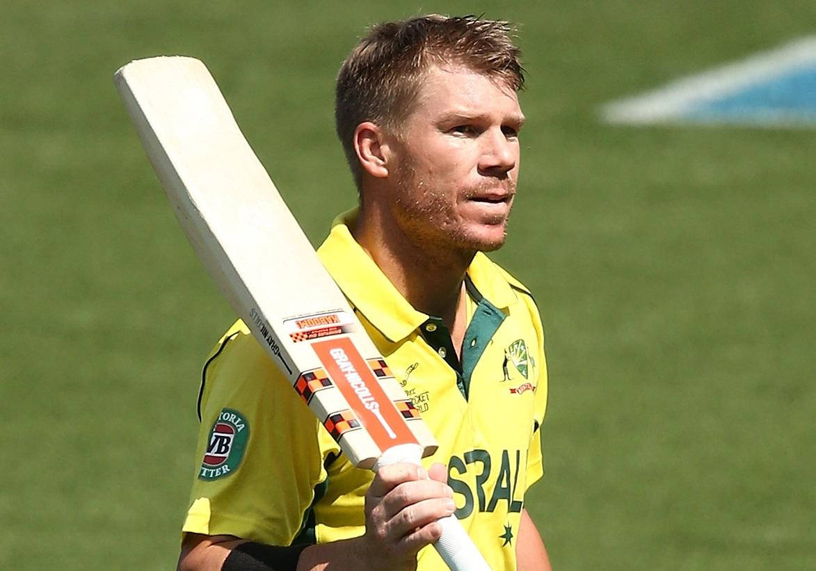 Warner 桌布 壁紙 — 澳洲板球運動員大衛·沃納身穿黃色球衣，在明亮的陽光下於綠色場地上持球棒。