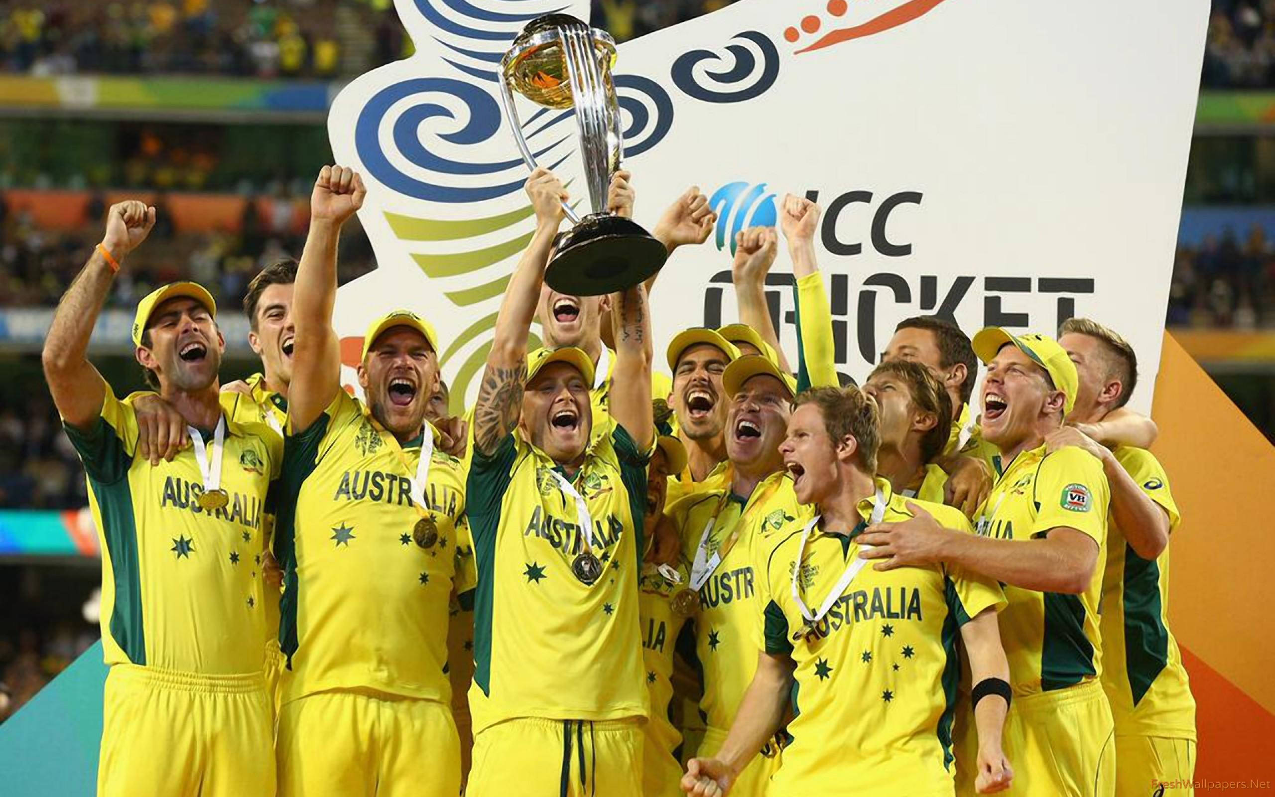 australia cricket 桌布 壁紙 — 澳洲板球隊在球場燈光下高舉ICC板球世界盃獎盃，歡欣鼓舞。