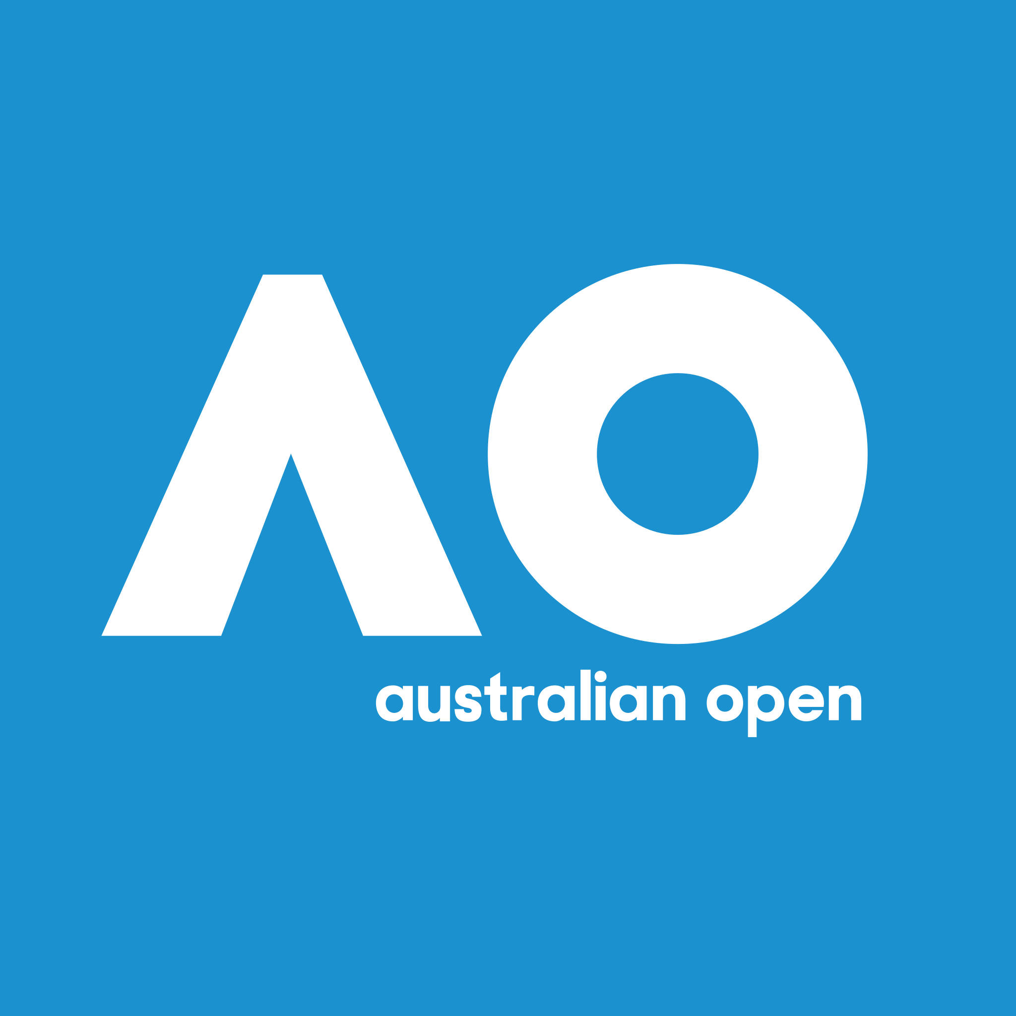 Australian Open 桌布 壁紙 — 澳洲網球公開賽的粗體白色AO標誌和文字，背景為純藍色。