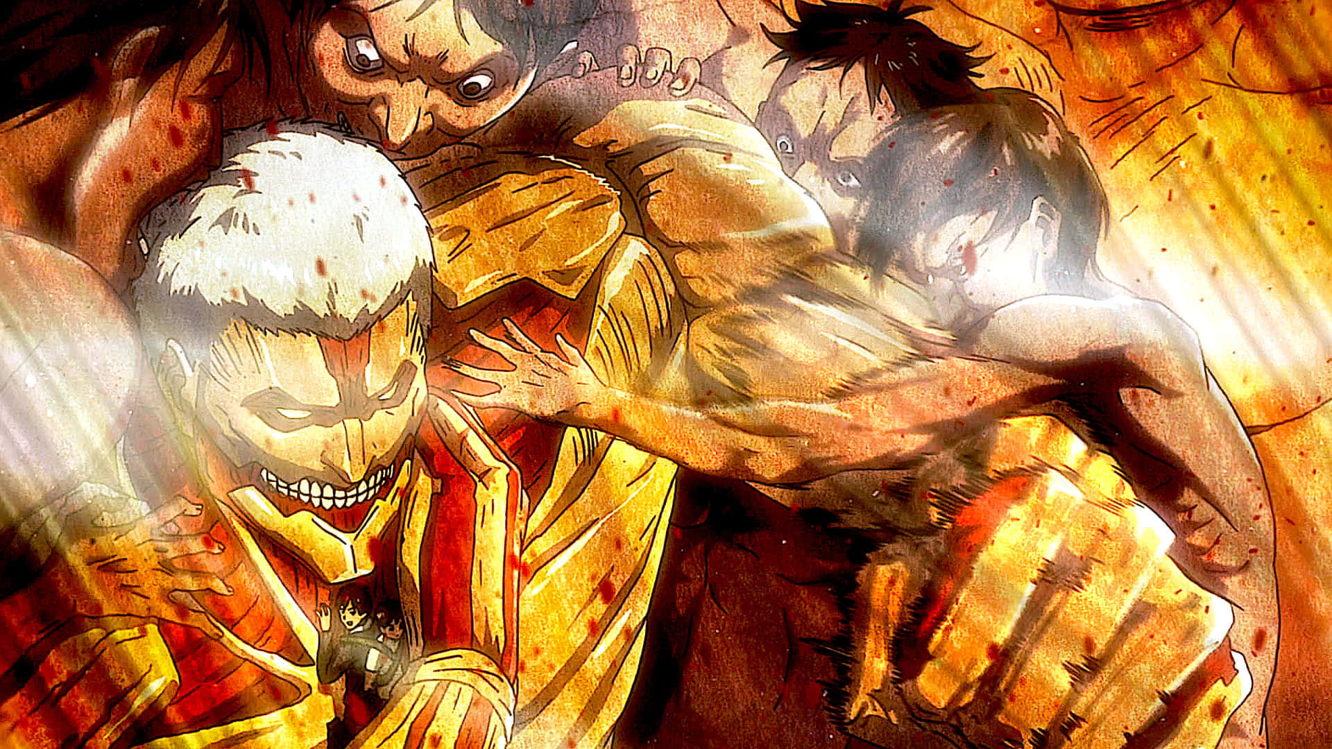 Armored Titan 桌布 壁紙 — 激烈的動漫戰鬥場景，肌肉發達的巨人般角色在熾熱的橙色和紅色色調中碰撞。