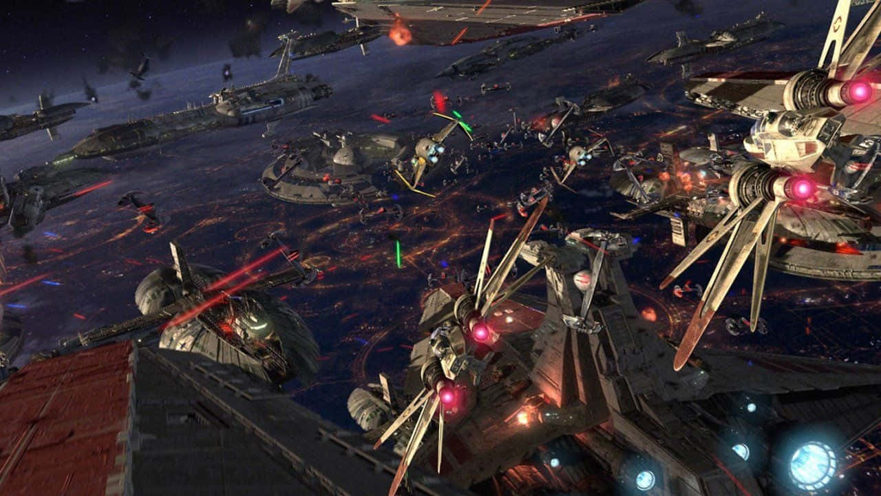 酷炫星際大戰 桌布 壁紙 — 激烈的太空戰鬥，星際戰機和主力艦在熾熱行星上空交火。
