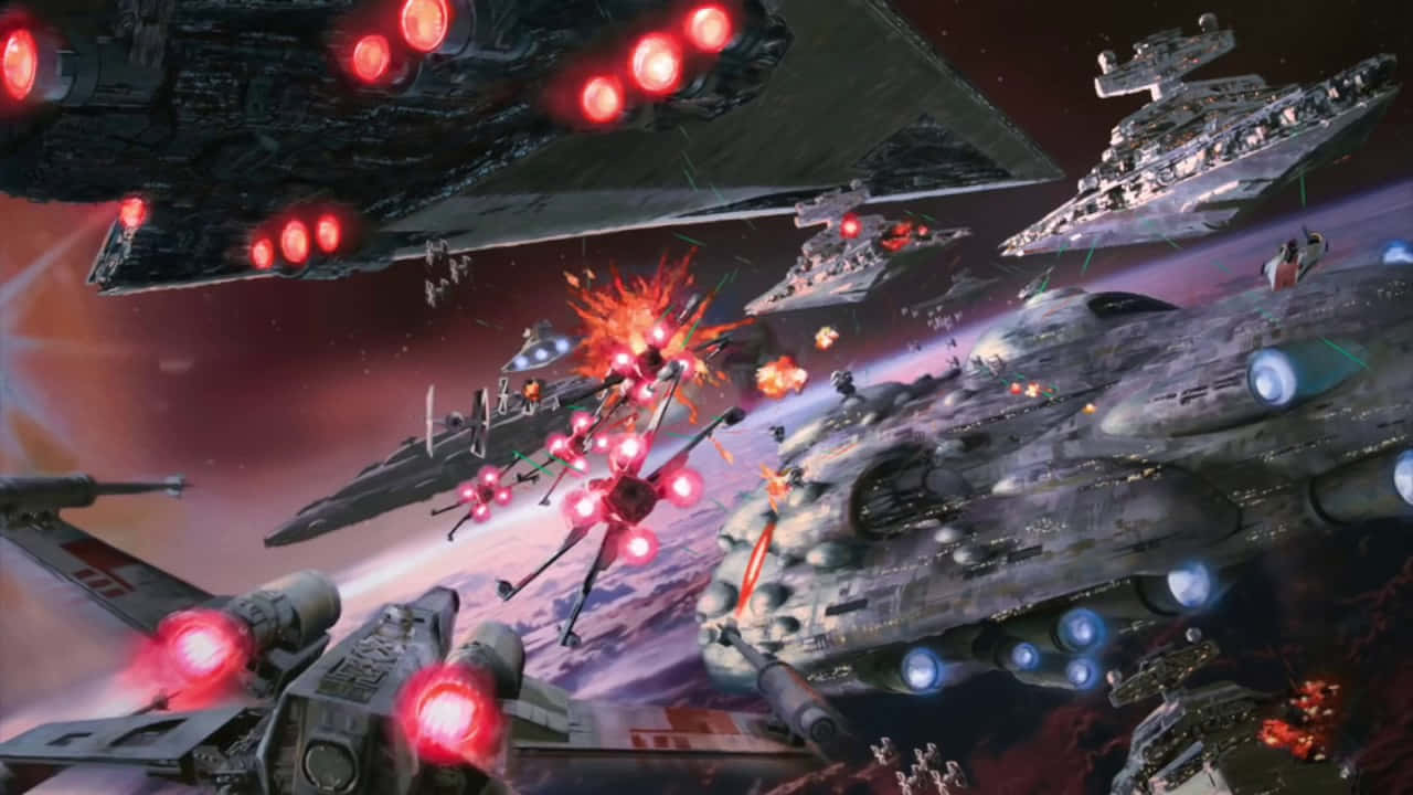 Star Wars Space 桌布 壁紙 — 激烈的太空戰鬥，星際戰機和主力艦在充滿活力的星雲背景下爆炸。