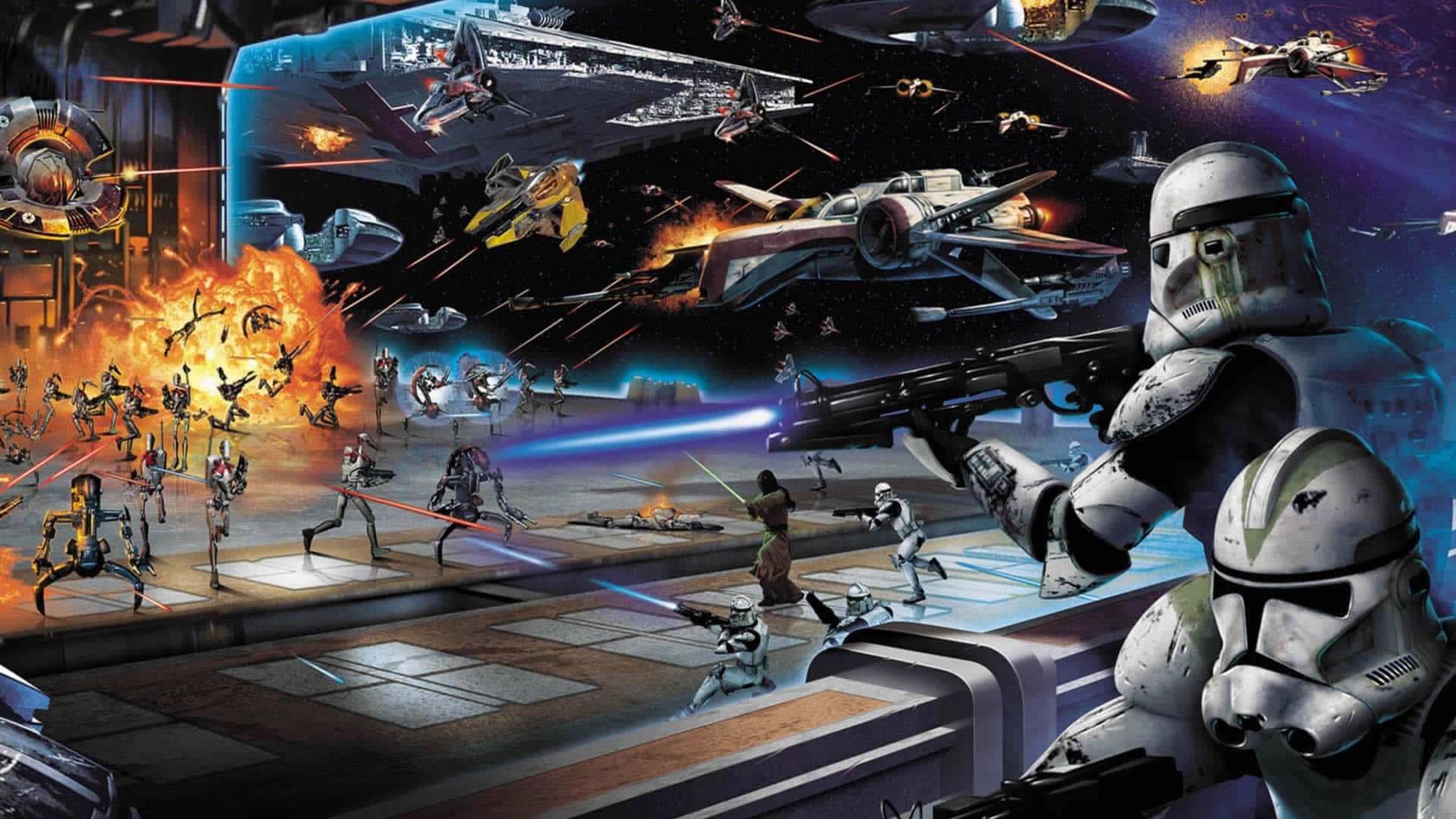 Clone Wars 桌布 壁紙 — 激烈的太空戰鬥，星際戰機和地面部隊在爆炸和雷射火力中交戰。