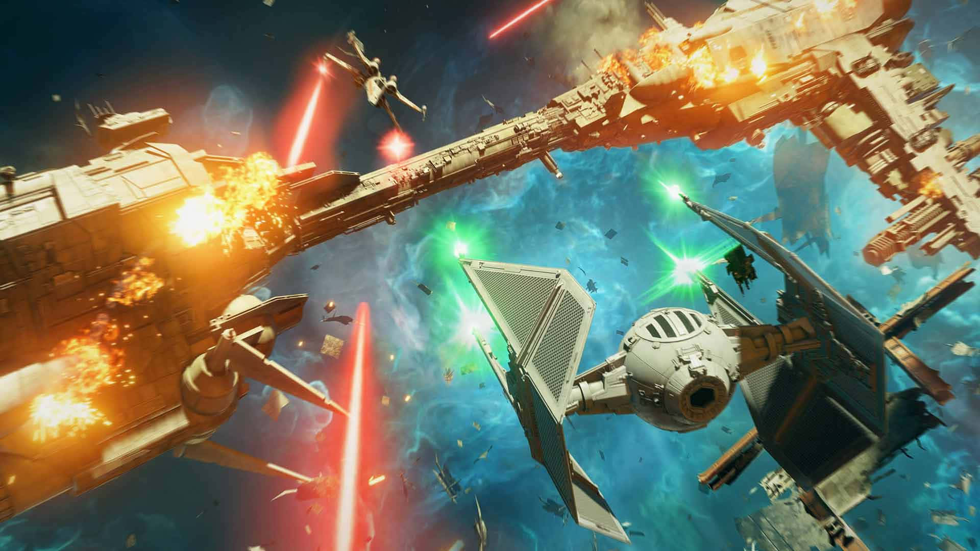 Sci Fi Games 桌布 壁紙 — 激烈的太空戰鬥，星際戰機在爆炸的主力艦中發射紅色和綠色雷射，背景是充滿活力的星雲。