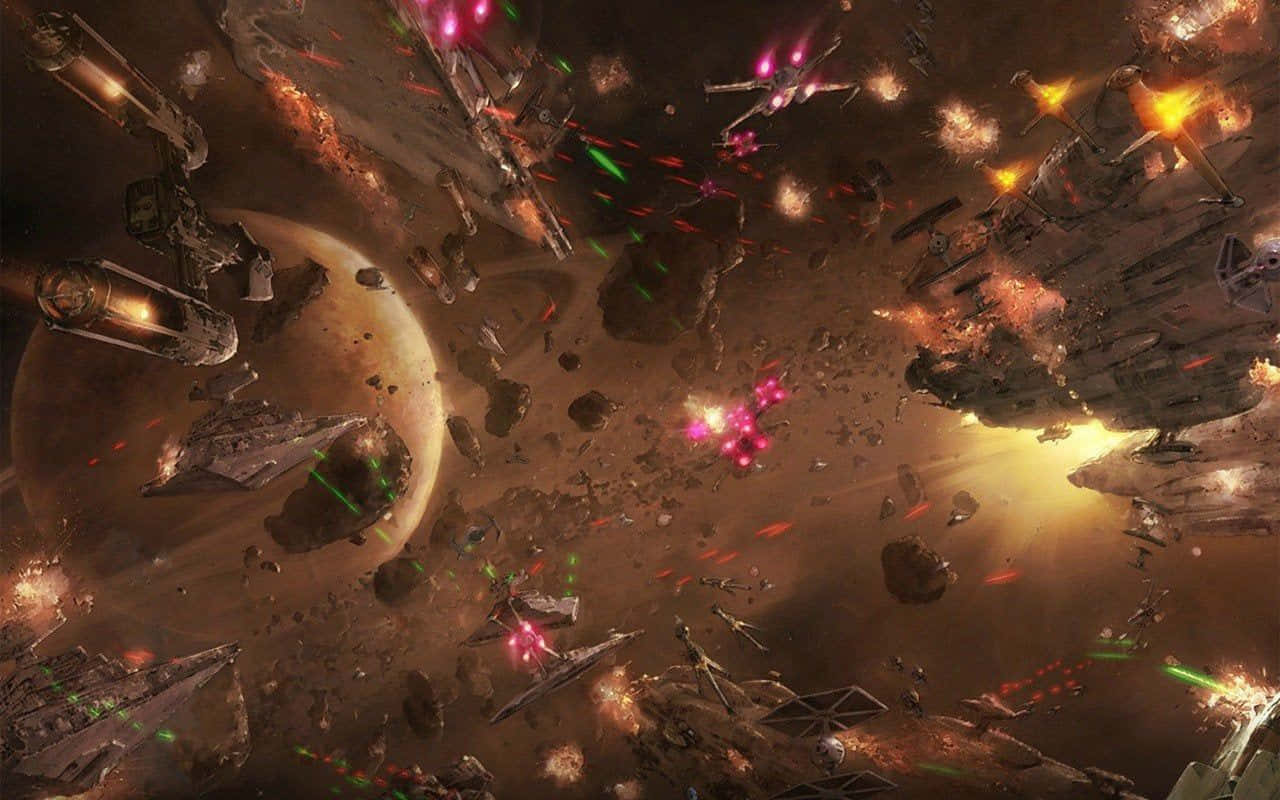 酷炫星際大戰 桌布 壁紙 — 激烈的太空戰鬥，星際戰機在發光行星附近的小行星和爆炸飛船中發射彩色雷射。