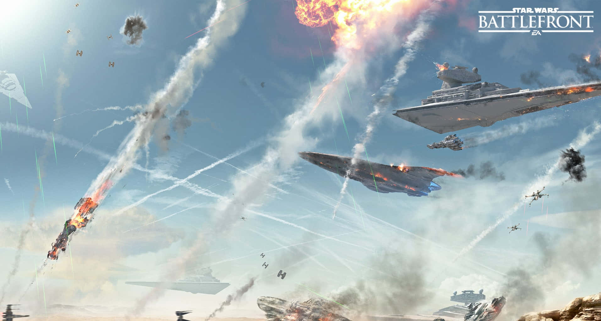 Jakku 桌布 壁紙 — 激烈的太空戰鬥，星際戰鬥機和星際驅逐艦在明亮的天空中爆炸。