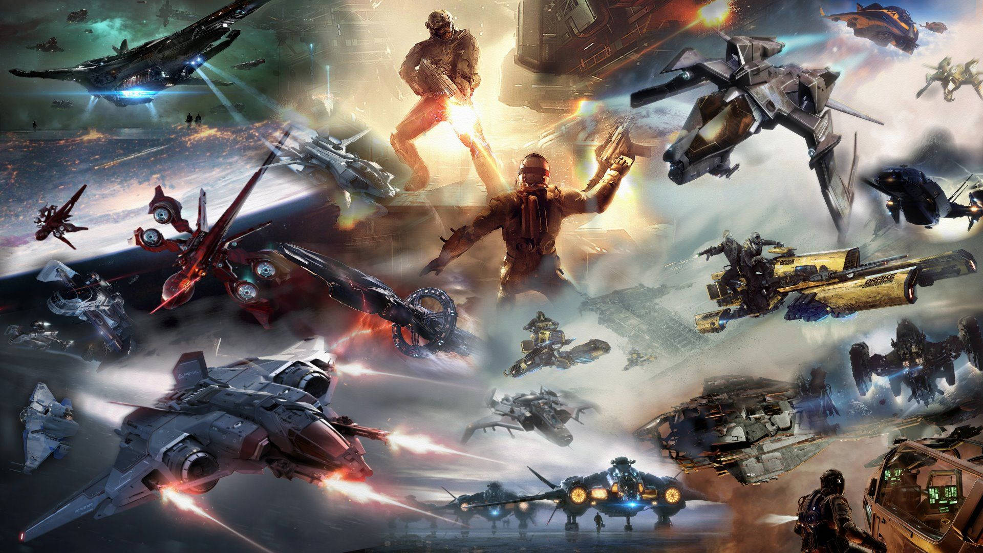 Star Citizen 桌布 壁紙 — 激烈的太空戰鬥，未來戰艦和士兵在宇宙雲中發射能量武器。