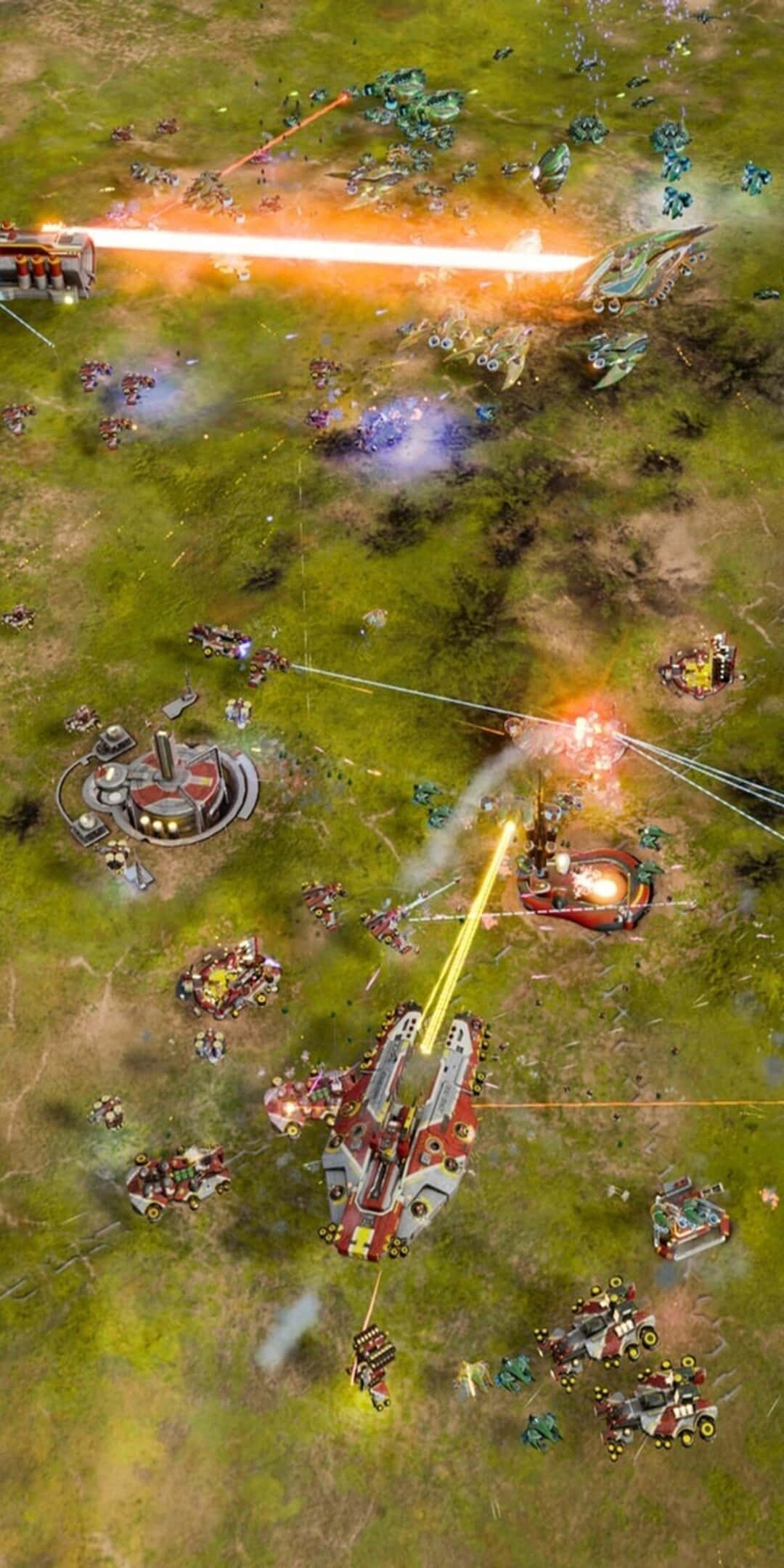 Pixel 3 Ashes Of The Singularity 桌布 壁紙 — 激烈的未來戰鬥在長滿草的戰場上肆虐，發光的雷射武器和機械單位相互碰撞。