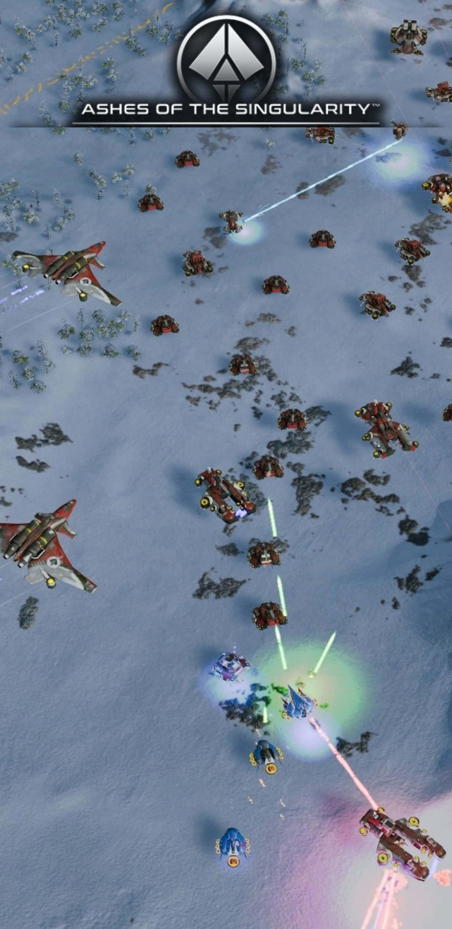 Pixel 3xl Ashes Of The Singularity 桌布 壁紙 — 激烈的未來戰鬥在雪地展開，配備發光能量武器和飛行戰鬥單位。