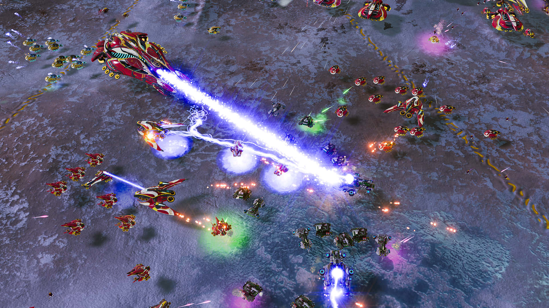 Ashes Of The Singularity 桌布 壁紙 — 激烈的未來戰鬥場景，發光的能量武器在金屬戰場上射擊。