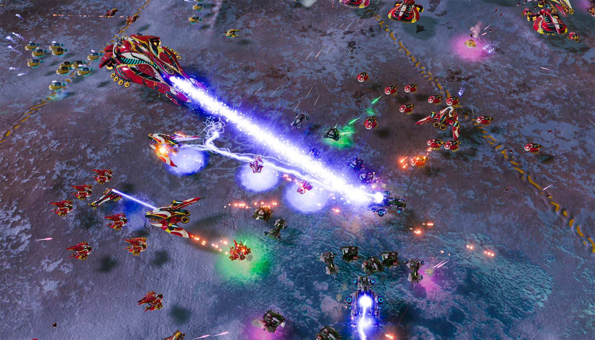 Ashes Of The Singularity Escalation 桌布 壁紙 — 激烈的未來戰鬥場景，發光的能量武器和彩色太空船在紋理化的外星景觀中射擊。