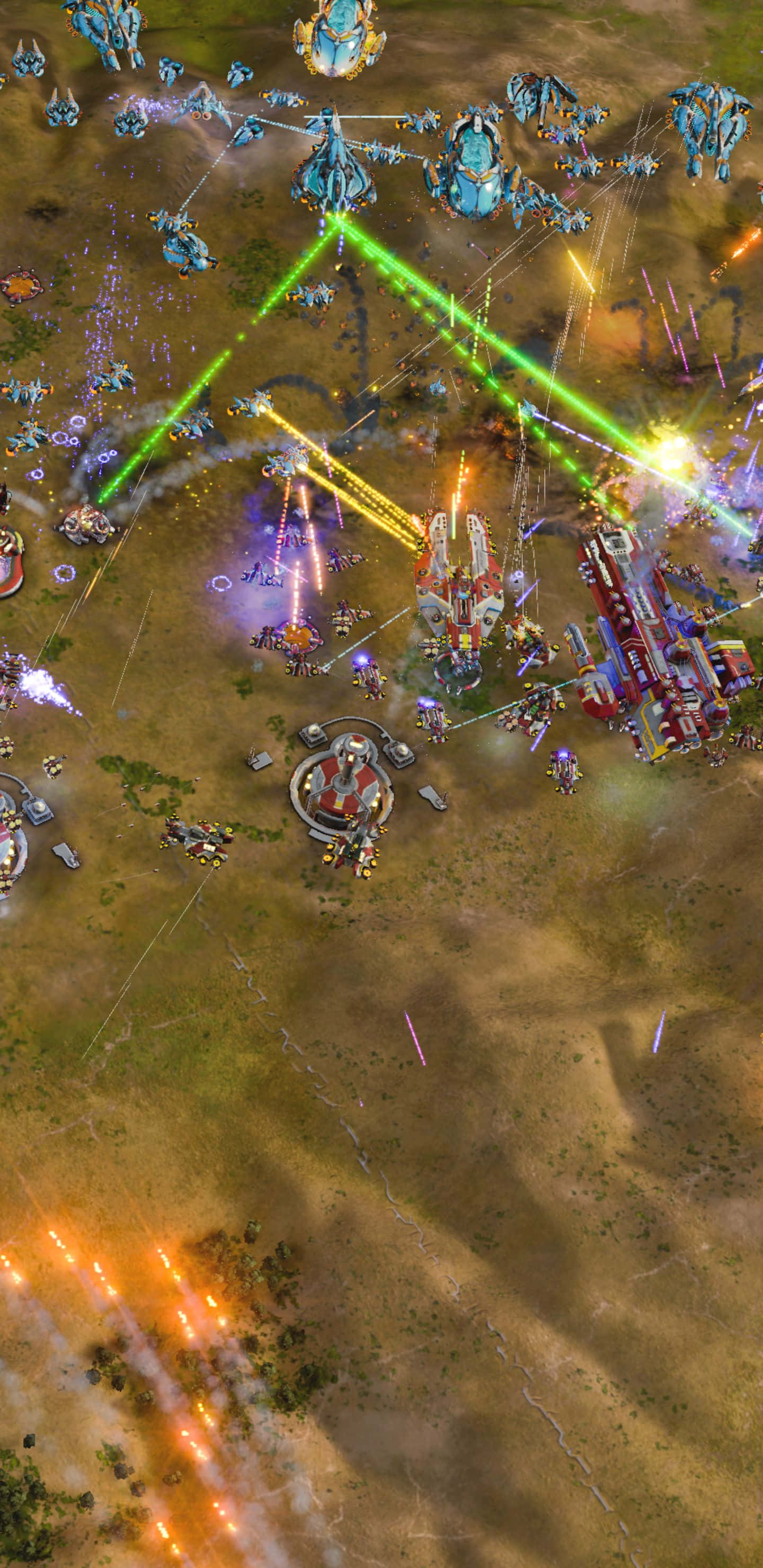 Pixel 3xl Ashes Of The Singularity Escalation 桌布 壁紙 — 激烈的科幻戰鬥，發光的雷射光束和未來主義的戰爭機器在沙漠戰場上射擊。