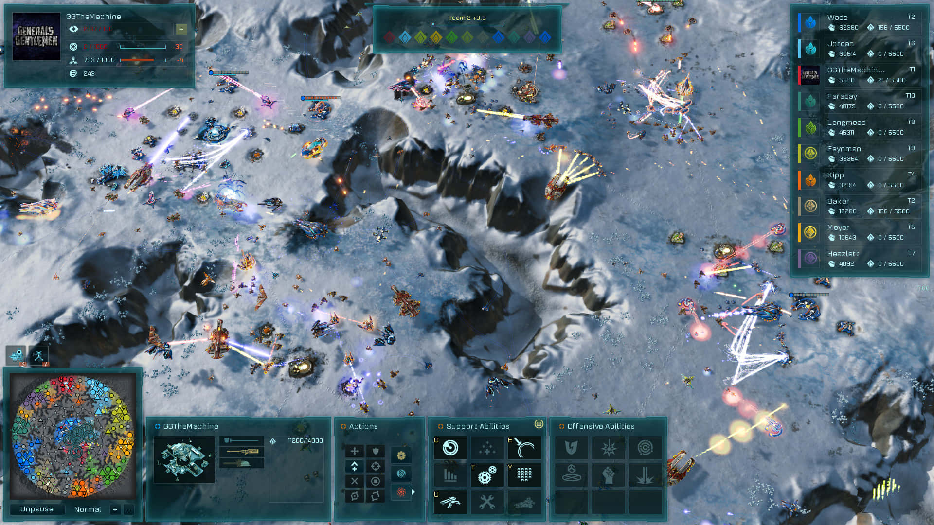 HD Ashes Of The Singularity Escalation 桌布 壁紙 — 激烈的科幻戰鬥在冰凍地形上展開，伴隨著發光的武器爆炸和UI覆蓋層。