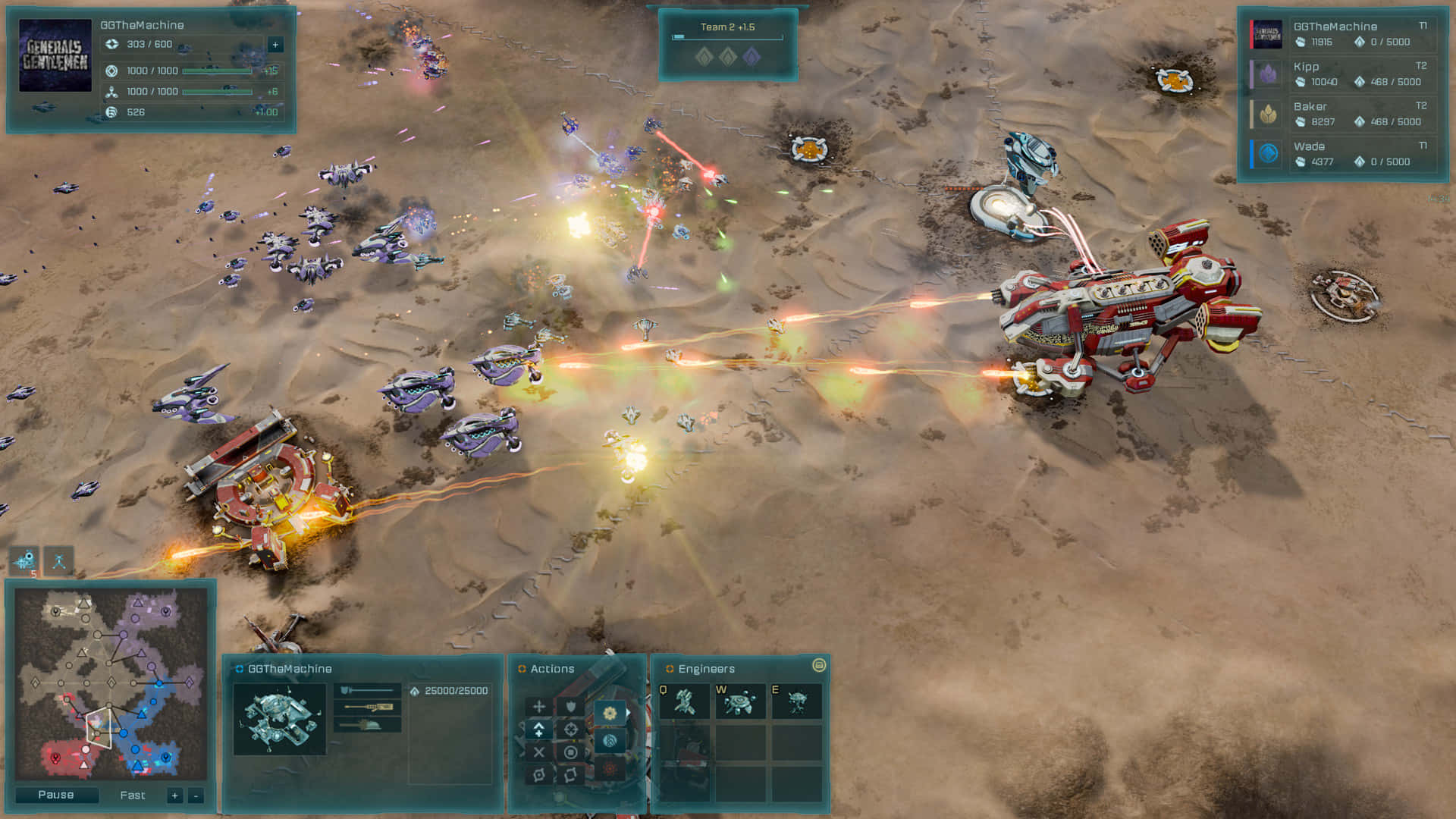 HD Ashes Of The Singularity Escalation 桌布 壁紙 — 激烈的科幻戰鬥在沙漠戰場上展開，發光的武器衝擊和未來主義的戰爭機器碰撞在一起。