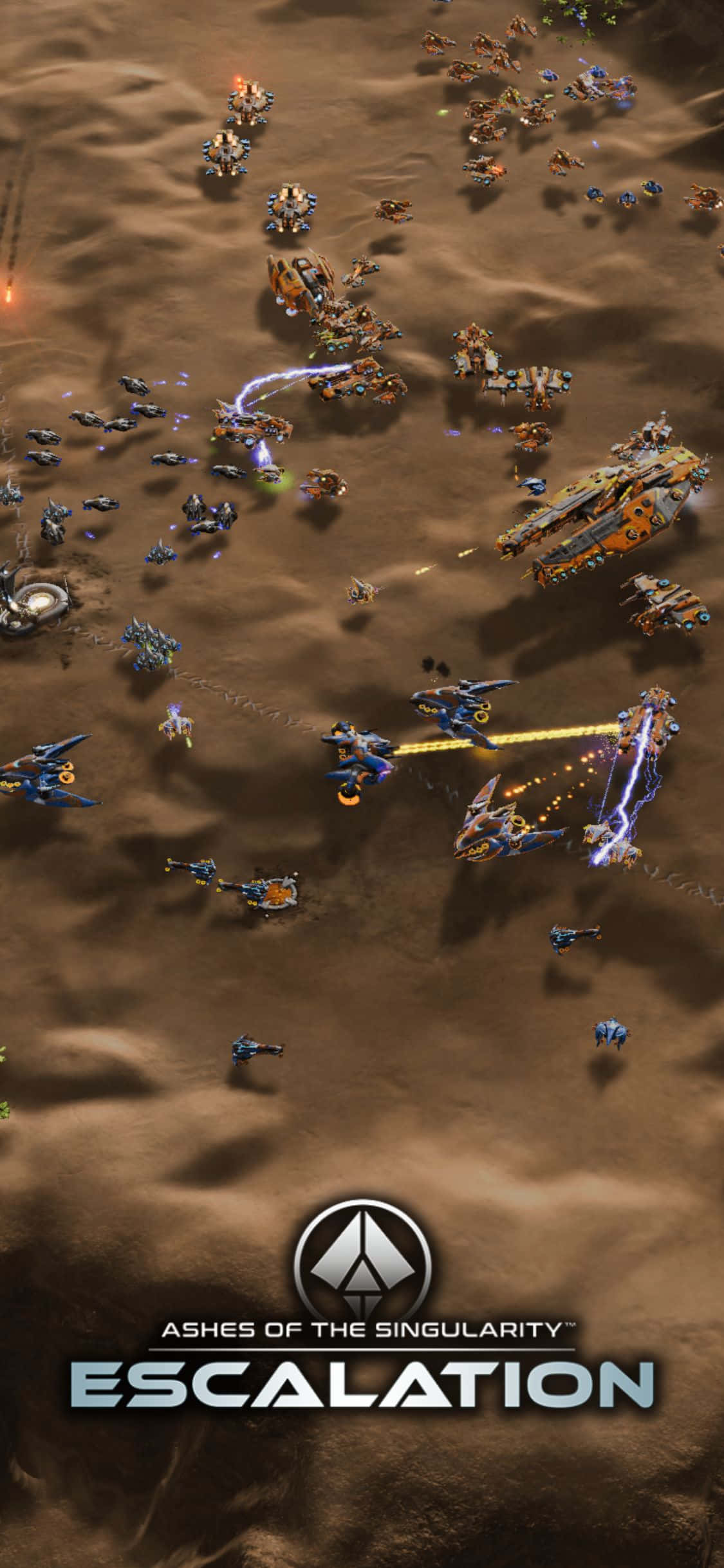 iPhone X Ashes Of The Singularity Escalation 桌布 壁紙 — 激烈的科幻戰鬥在荒蕪的沙漠戰場上展開，發光的能量武器和未來主義的戰爭機器相互碰撞。