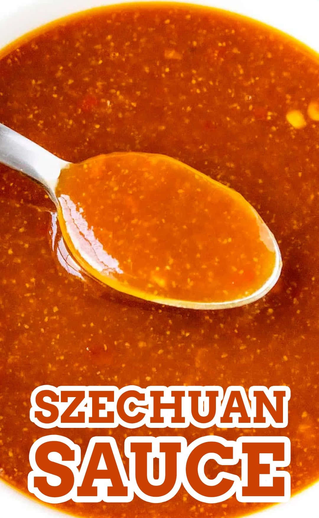 Szechuan Sauce 桌布 壁紙 — 濃郁光澤的四川醬特寫，湯匙舀起濃郁的部分，露出辣椒和蒜末。