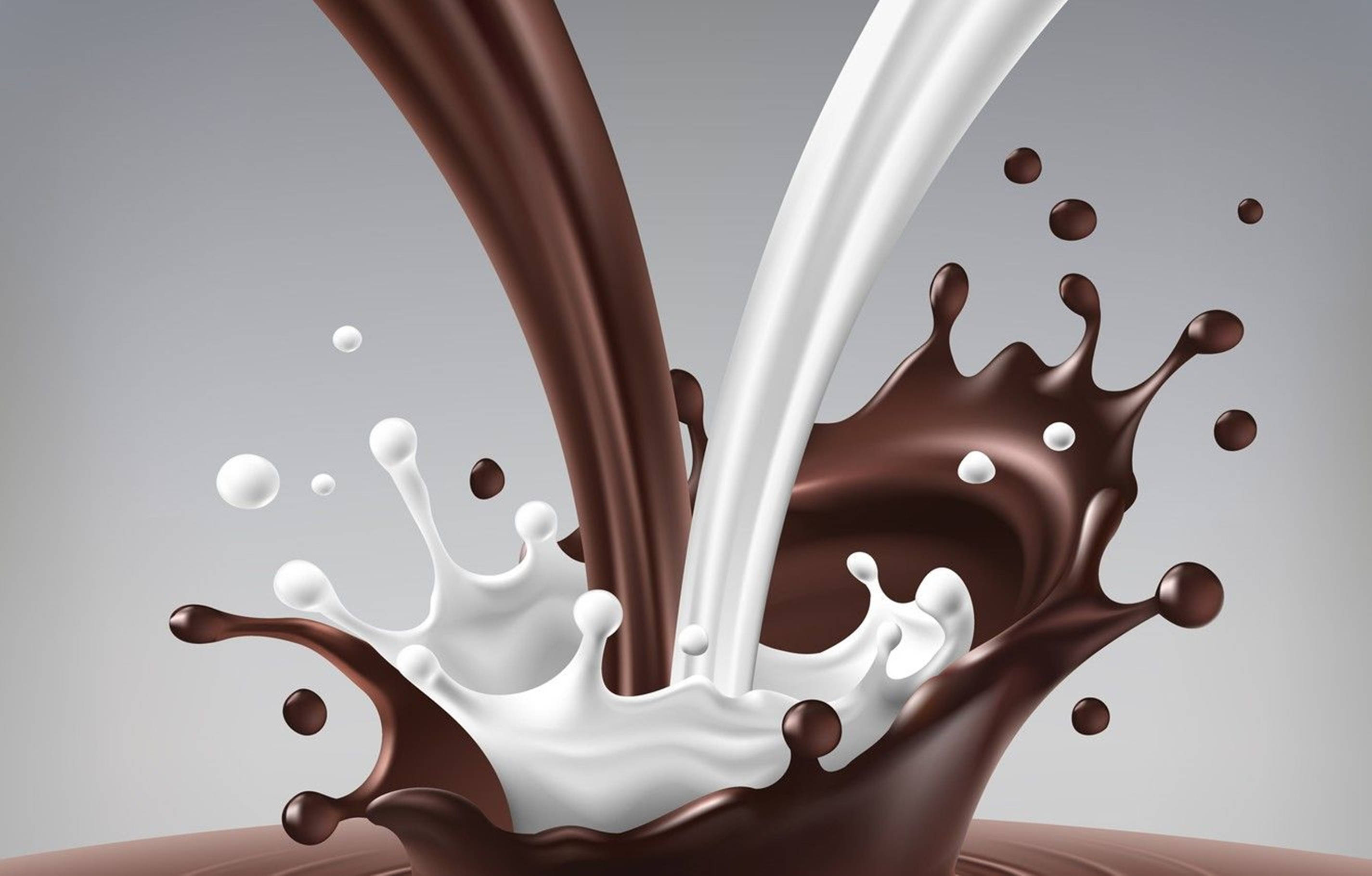 Chocolate 桌布 壁紙 — 濃郁巧克力與奶油牛奶在灰色中性背景上動感碰撞飛濺。