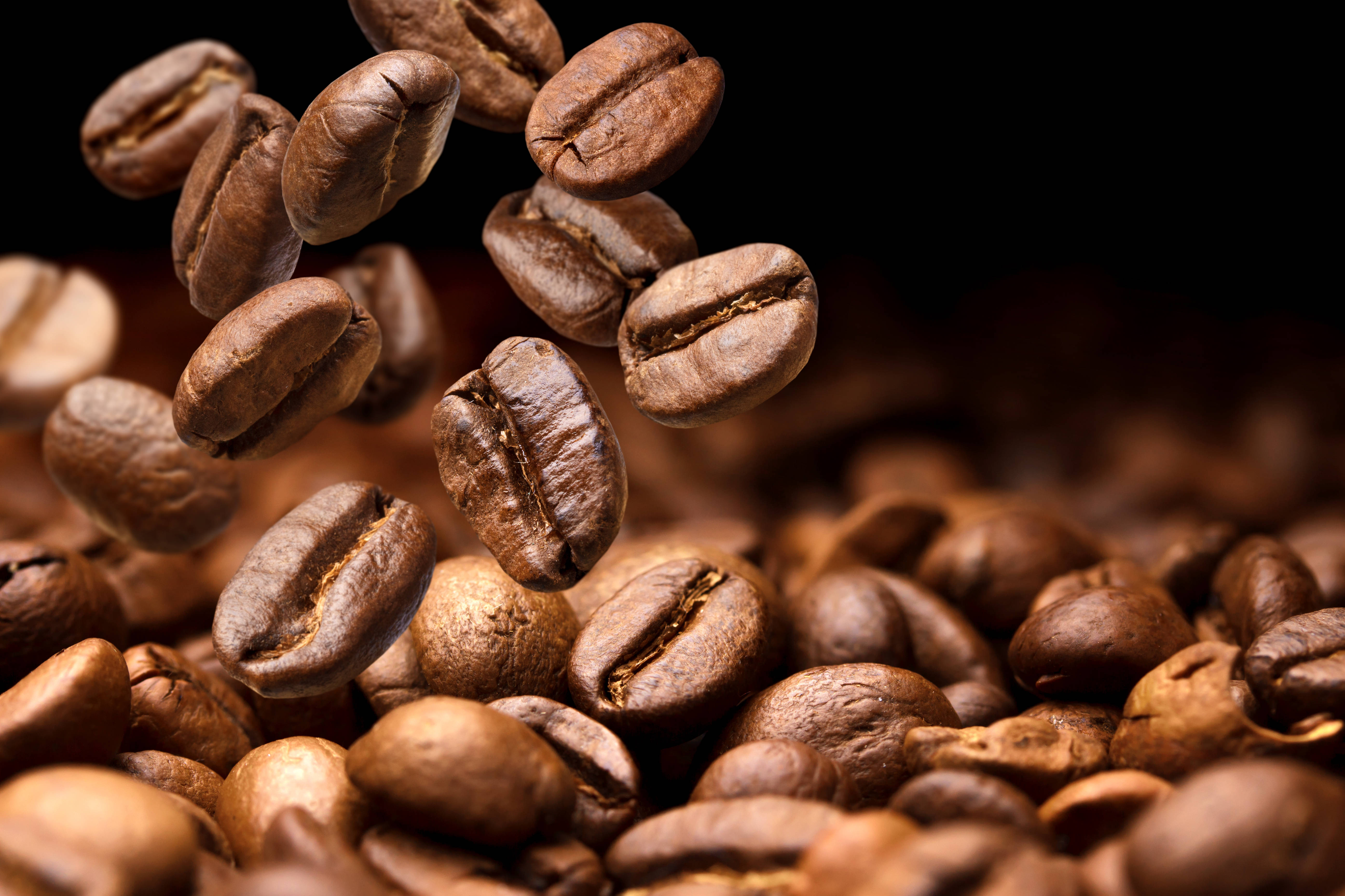 beans 桌布 壁紙 — 濃郁的棕色咖啡豆在黑暗背景中以淺景深捕捉到半空中。